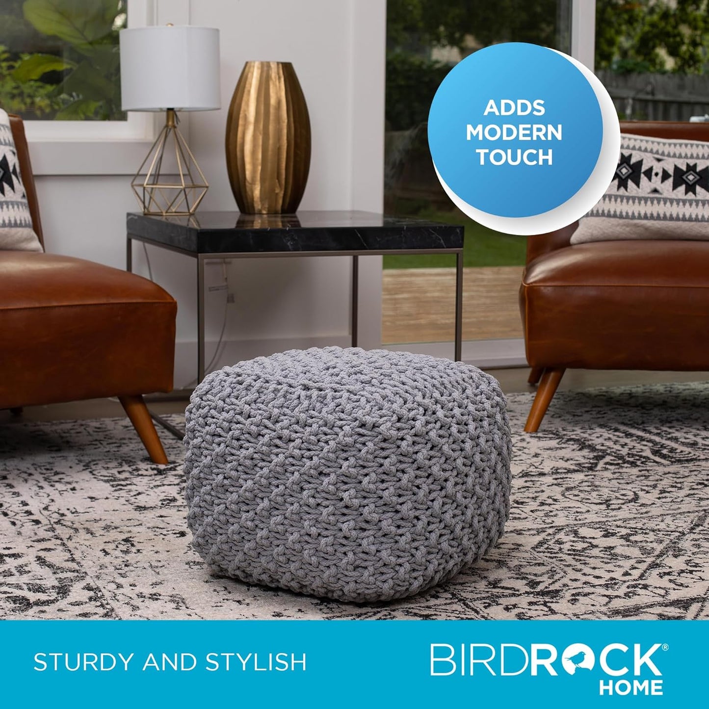 BIRDROCK HOME Square Pouf Ottoman | Cotton Braided Foot Stool with Bean Bag Filling | Boho Foot Rest for Living Room, Bedroom | Compact & Comfortable Seating, Lightweight & Sturdy | Grey