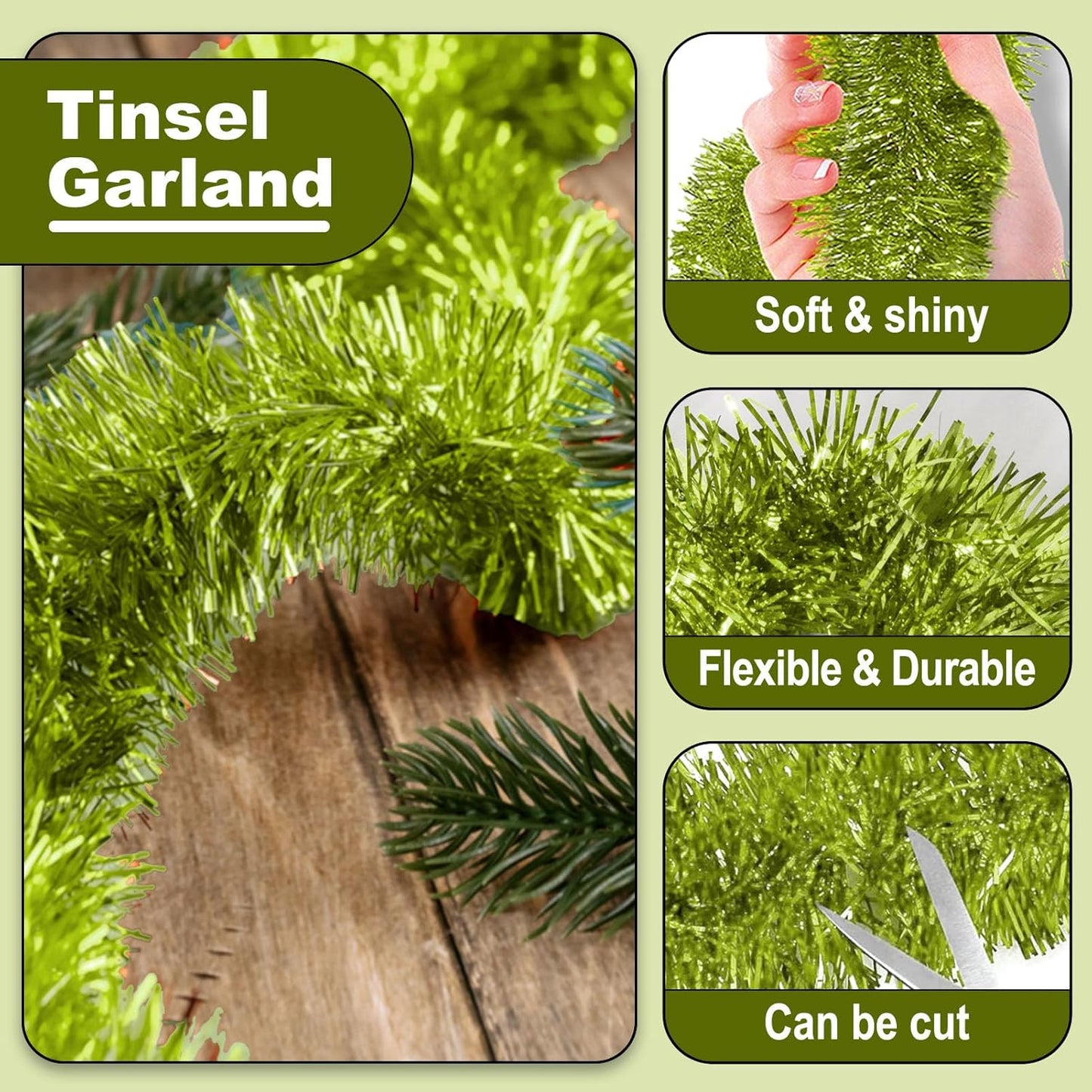 25 Feet Metallic Twist Tinsel Garland - Wall Hanging Backdrop for Parade Floats, Christmas Eve, New Year, Valentine's Day Parties (Light Green, 4in x 25ft)