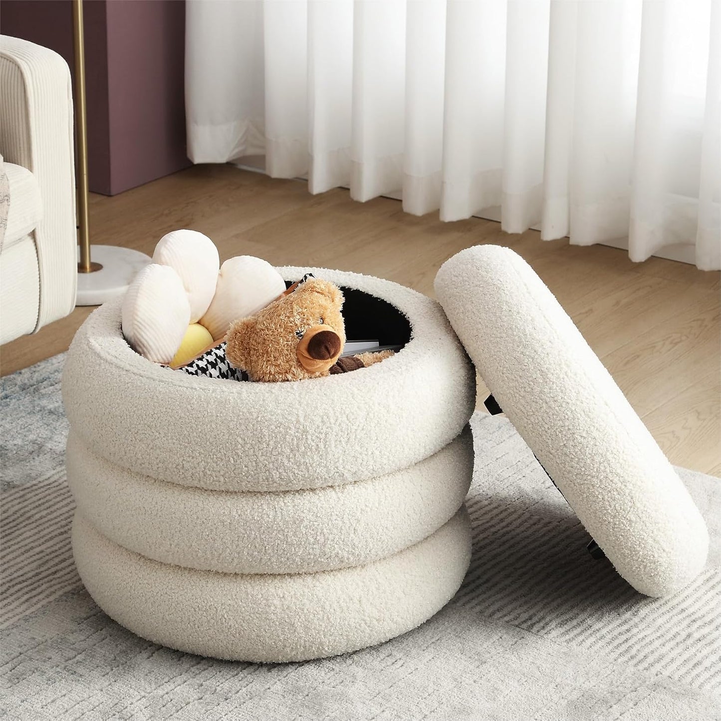 ONEVOG 20" Round Storage Ottoman with Removable Lid, Off-White Boucle Fabric Footrest Pouf, Sherpa Tufted Small Coffee Table Vanity Ottoman Foot Stools for Living Room Couch, Bedroom, Dorm, Nursery