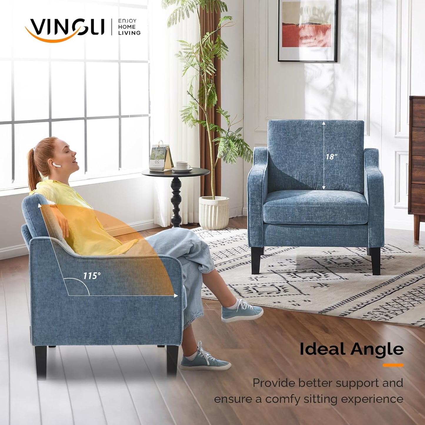 VINGLI Mid Century Modern Accent Chair,Navy Blue Chenille Chairs for Living Room Upholstered Armchair with Scooped Arms for Bedroom,Apartment,Studio,Office,Waiting Room