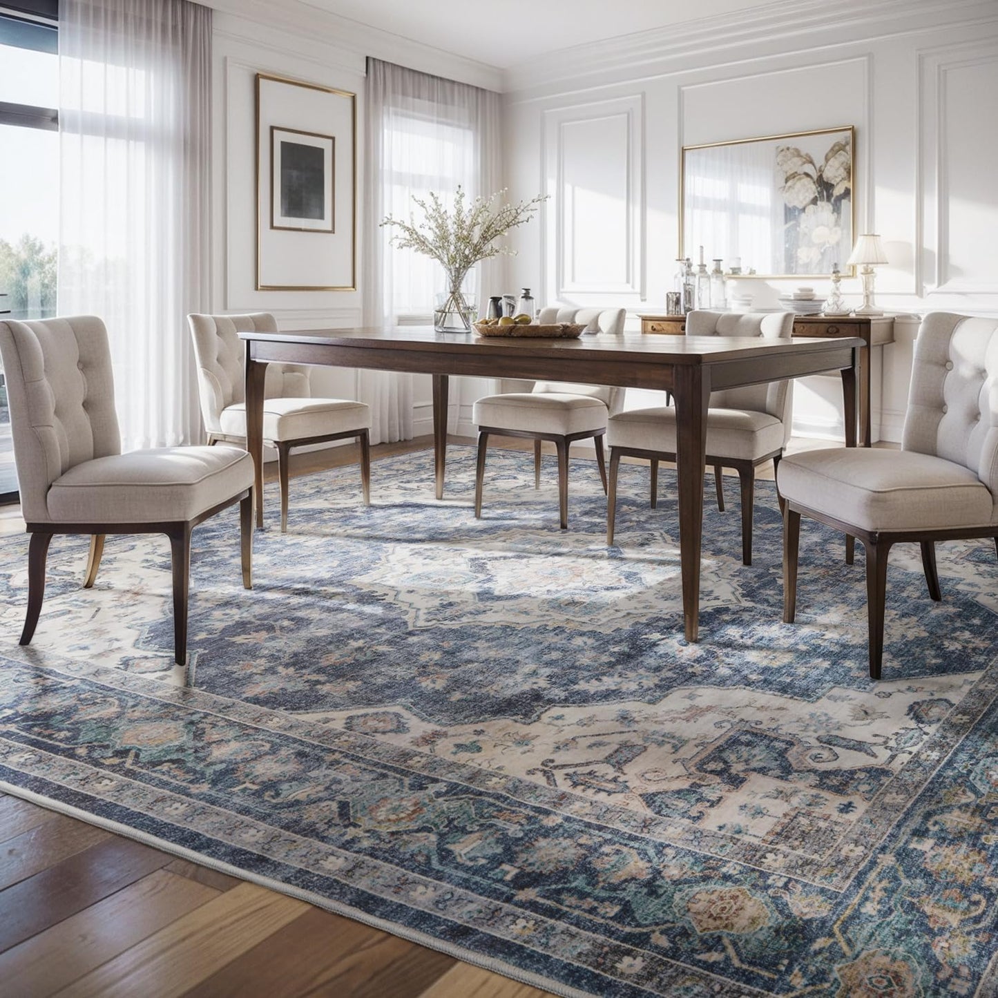 AMOAMI-Area Rug 6X9 Rugs for Living Room-Vintage Soft Blue Rugs for Bedroom-Non Slip Carpet-Machine Washable Rug for Dining Room Living Room Bedroom Office Under Table