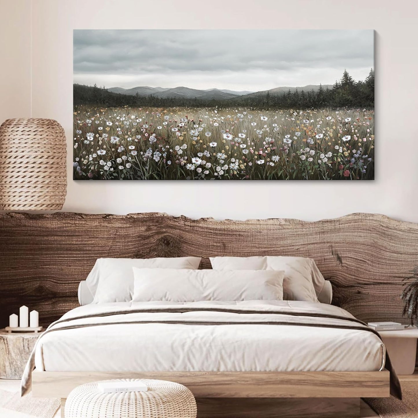 HGUAOA Vintage Landscape Wall Art for Bedroom and Living Room - Large Floral Artworks Farmhouse Wall Decor - Framed Neutral Nature Pictures - Above Bed Decor with Mountain Scenery 24×48IN