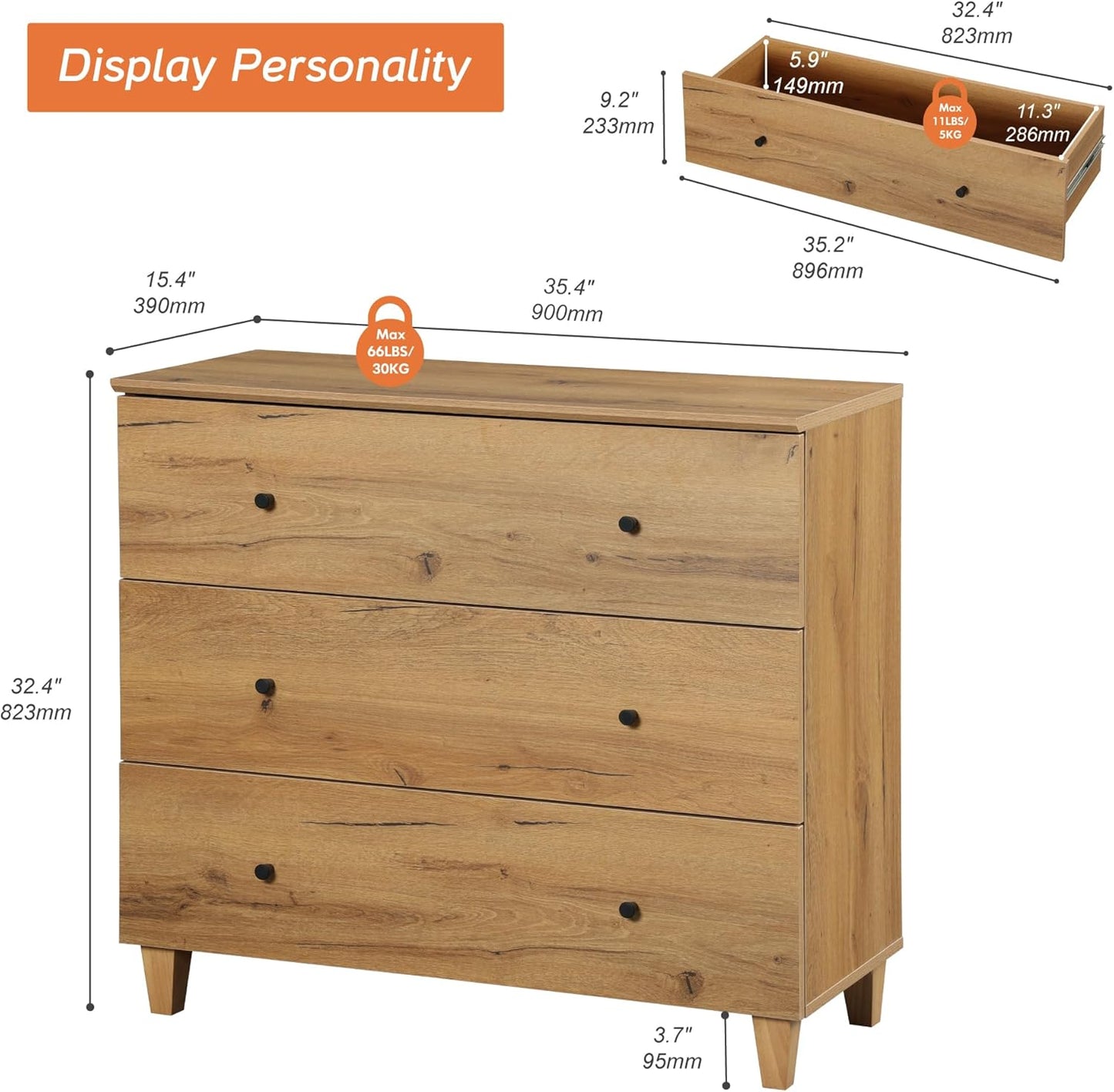 WAMPAT Bedroom Dresser with 3 Drawers, 35.4" Wide Wood Kids Dressers, Chest of Drawers, Modern Closet Organizer Bachelors Chest w/Solid Wood Legs for Living Room, Baby Room, Nursery, Oak Brown