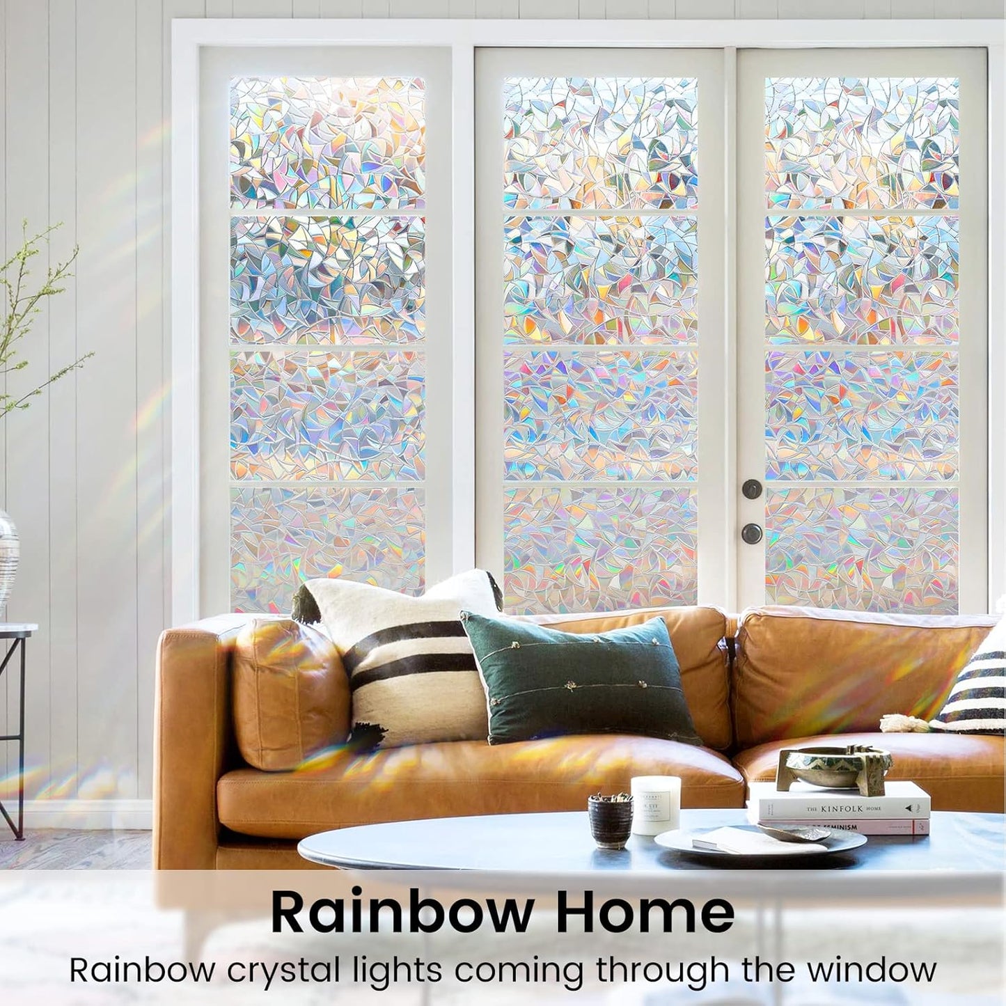 DOWELL Window Privacy Film, Rainbow Window Film, Decorative Stained Glass Clings, Static Cling Door Sticker, Non-Adhesive 3D Decals for Home UV Protection, 23.6 x 118.1 inches