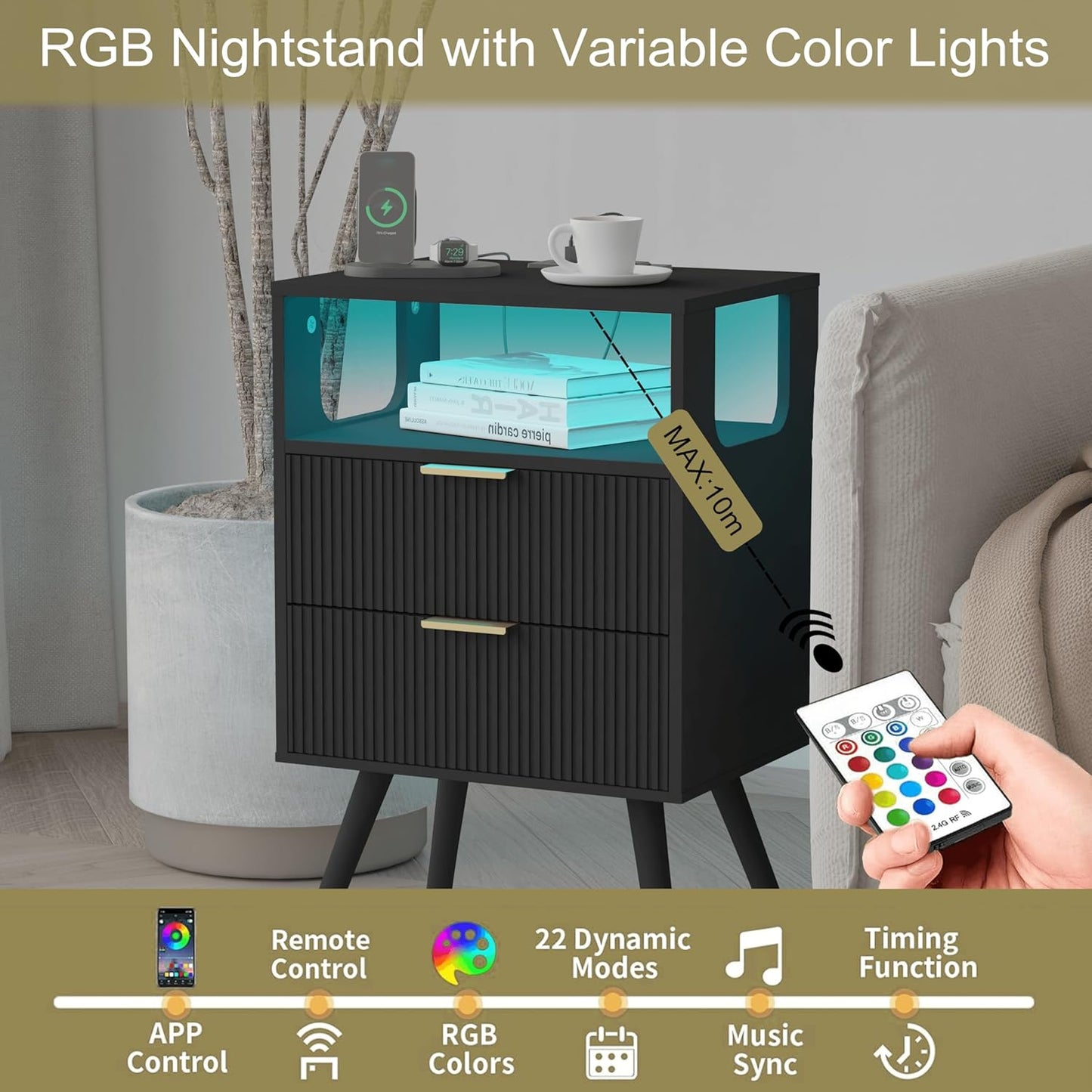 Black Nightstand with Charging Station and LED Lights,Modern Bedside Table with 2 Storage Drawer and Open Wood Shelf, for Bedroom and Small Spaces,Night Stand with Solid Wood Legs,Black