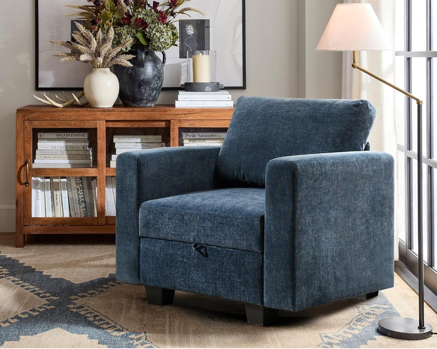 38.5 Oversized Accent Chair with Storage Blue Chenille, Single Modern Accent Sofa Chair with Arms for Apartment Living Room (21" Deep Seat)