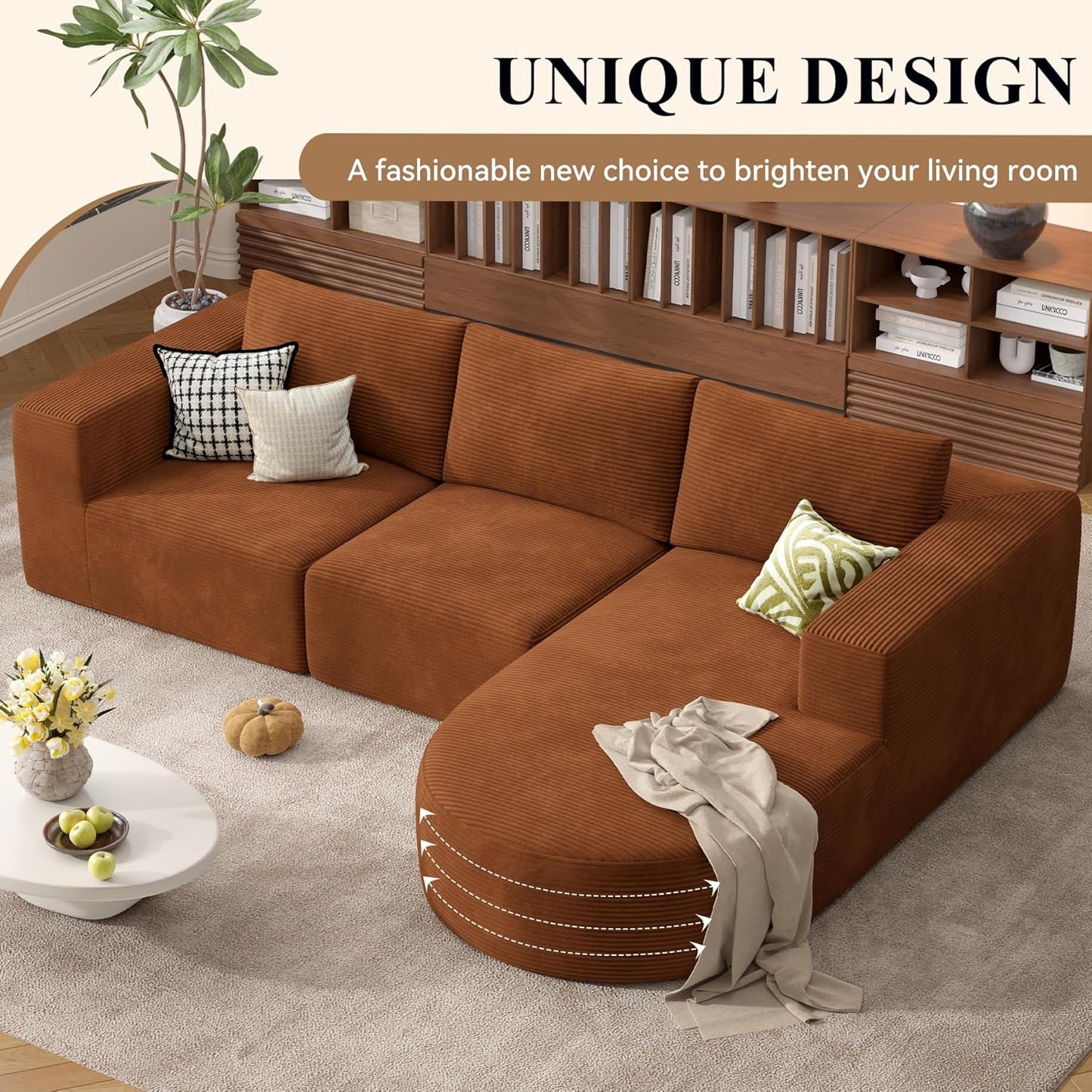 Modular Sectional Sofa with L-Shape Chaise,Cloud Sectional Modern Sleeper Couch with Deep Seat,Sponge Compression Sofas No Assembly Required(Brown-Corduroy Fabric) 1PCS