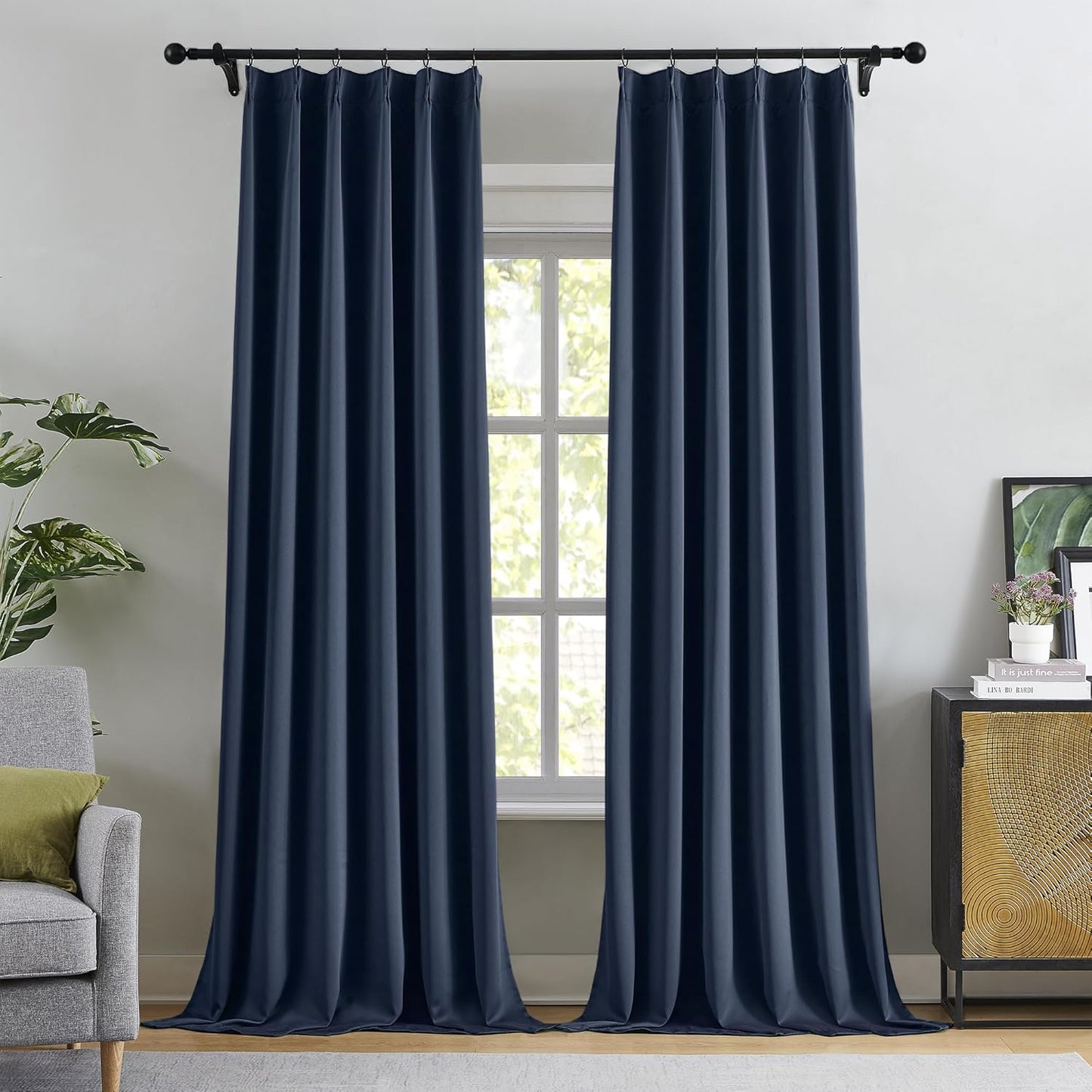 KangBang Navy Blue Blackout Curtains 96 Inches Long for Living Room, Pinch Pleat Room Darkening Black Out Drapes for Boys Playroom, Fashion Nautical Style Decor 2 Panels, 40”Wx96”L