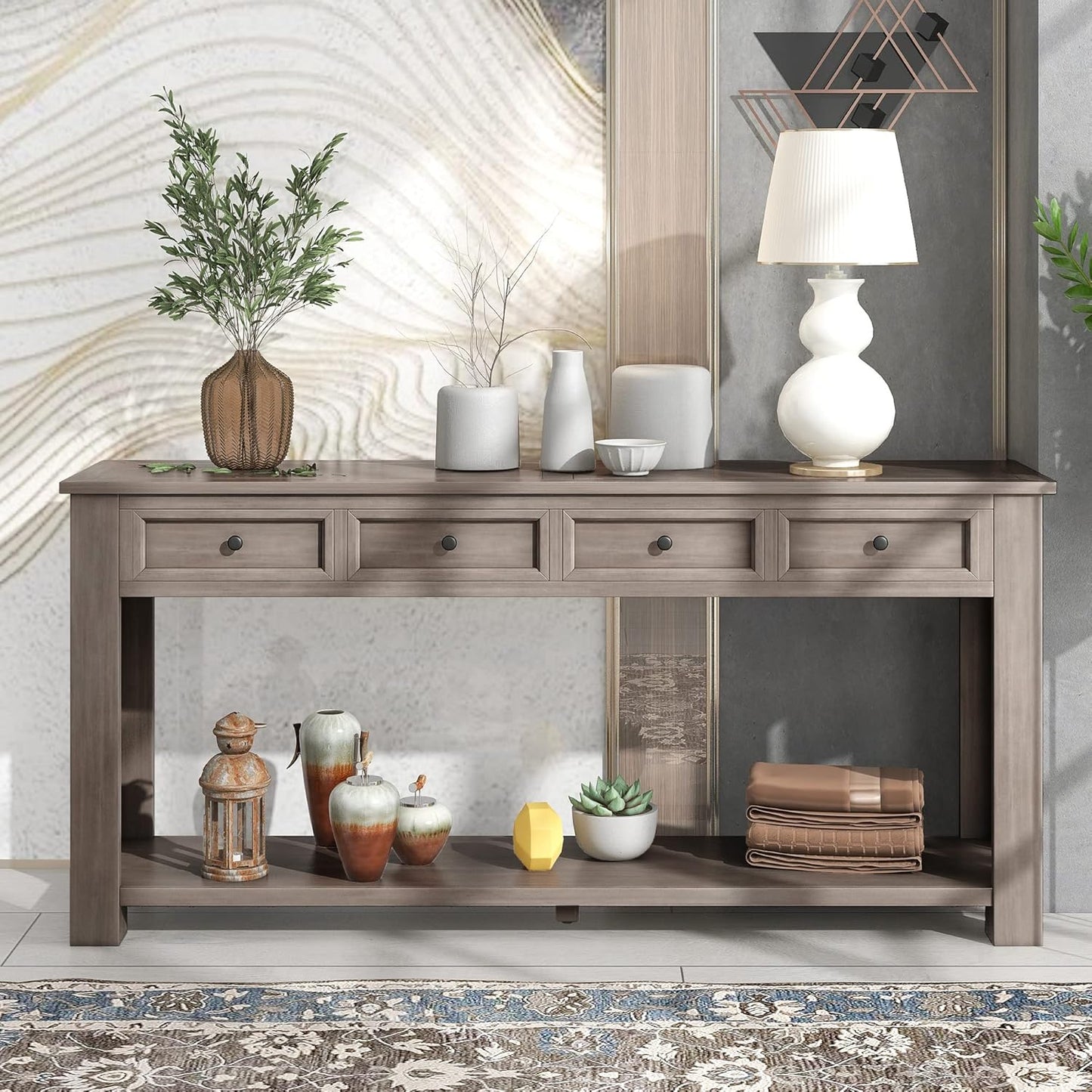 Solid Wood Console Table,Long Sofa Table Entryway Table with 4 Drawers and Bottom Shelf for Hallway Living Room Couch Table,Fully Assembled (63" Gray Wash)