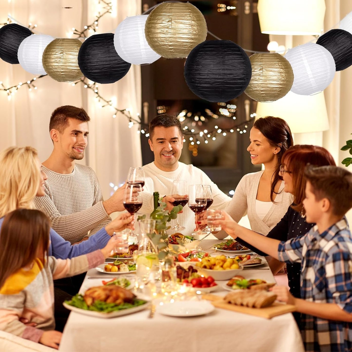 15pcs Paper Lanterns Black Gold Round Hanging Chinese Paper Lanterns 4" 6" 8" 10" 12" for Bachelorette Engagement Wedding Baby Bridal Birthday Party Decorations