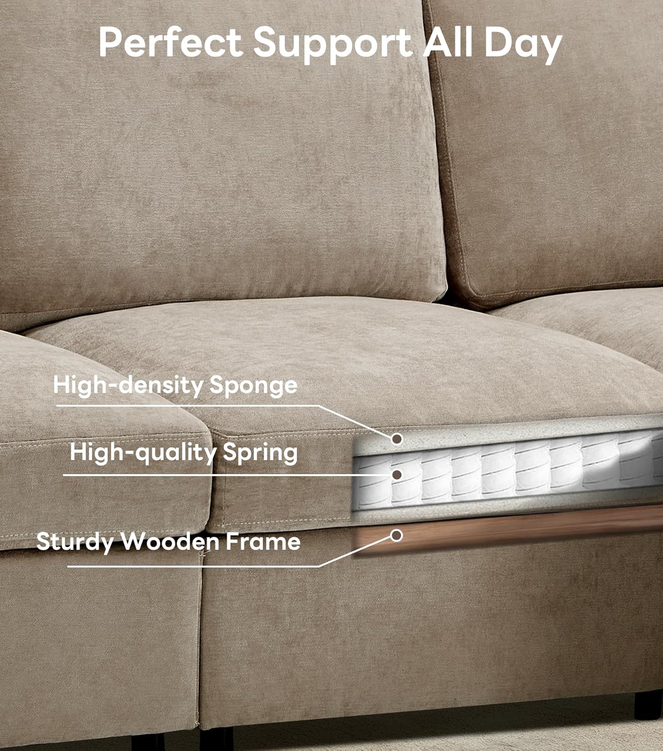 Tbfit L Shaped Couch 8 Seat, Sectional Sofa for Living Room,Chenille Cloud Couch with Ottoman, Khaki