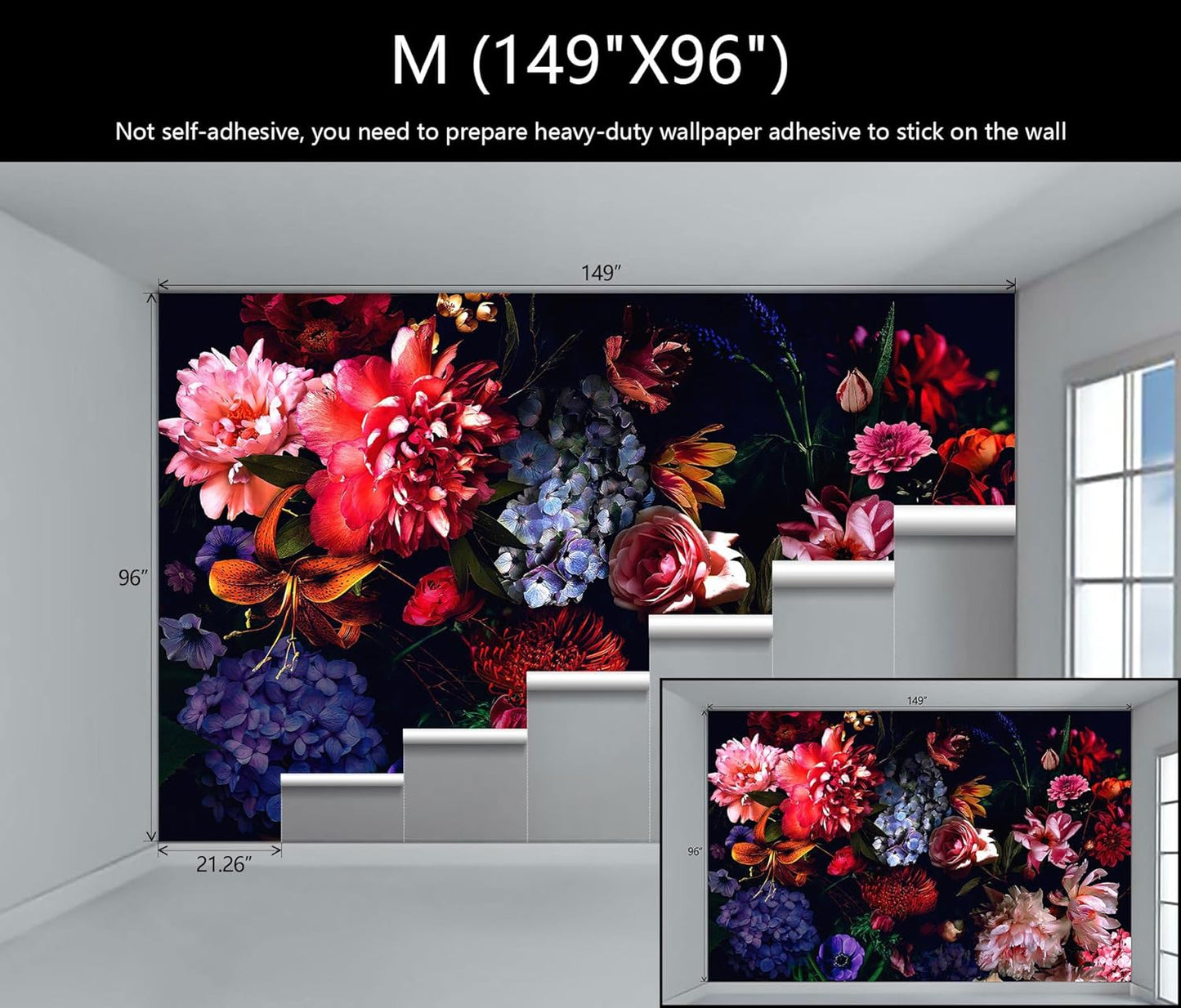 WFBHUA-Dark Floral Wallpaper Watercolor Pink and Blue Flower Wall Mural for Bedroom (Not Peel and Stick)