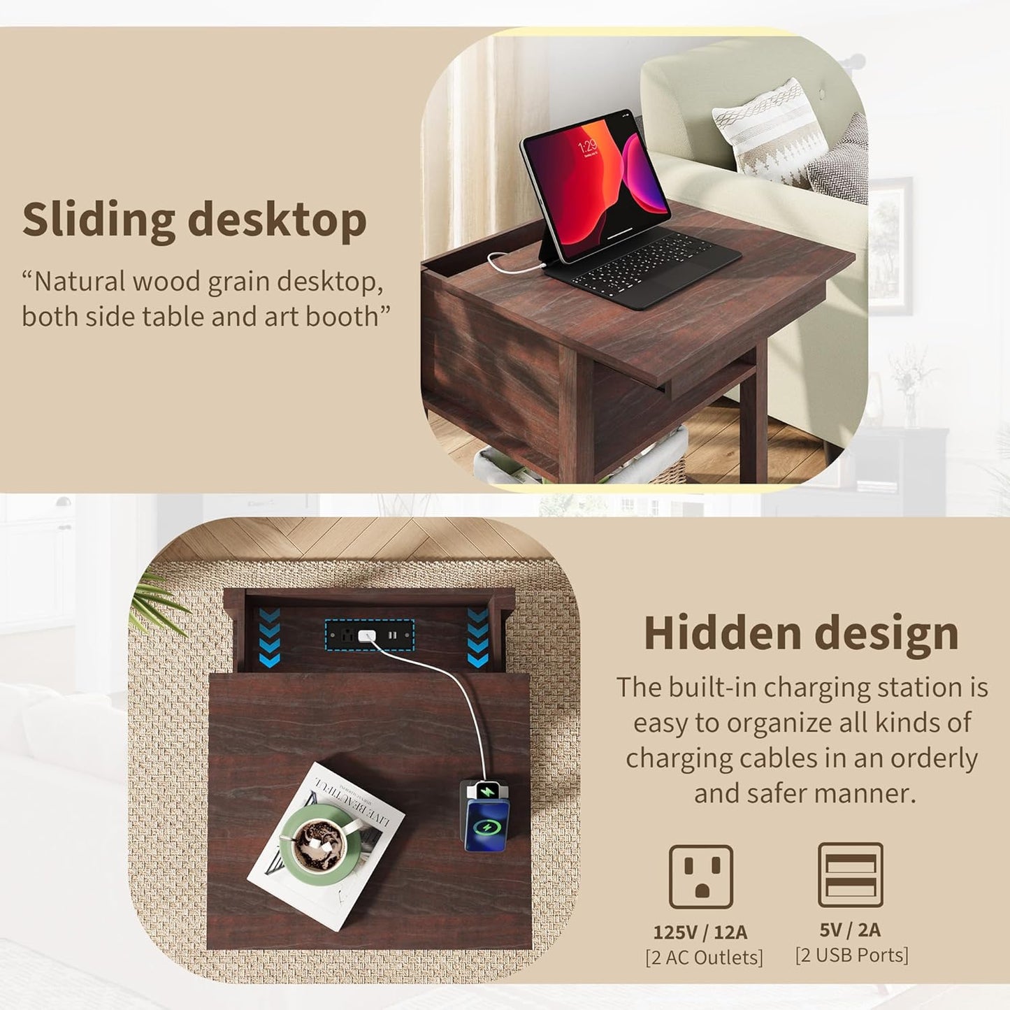 Rresyet Sliding Side Table Set of 2 with Charging Station & 2-Tier Storage,Farmhouse End Table, Wooden Nightstand for Bedroom & Living Room,Cherry