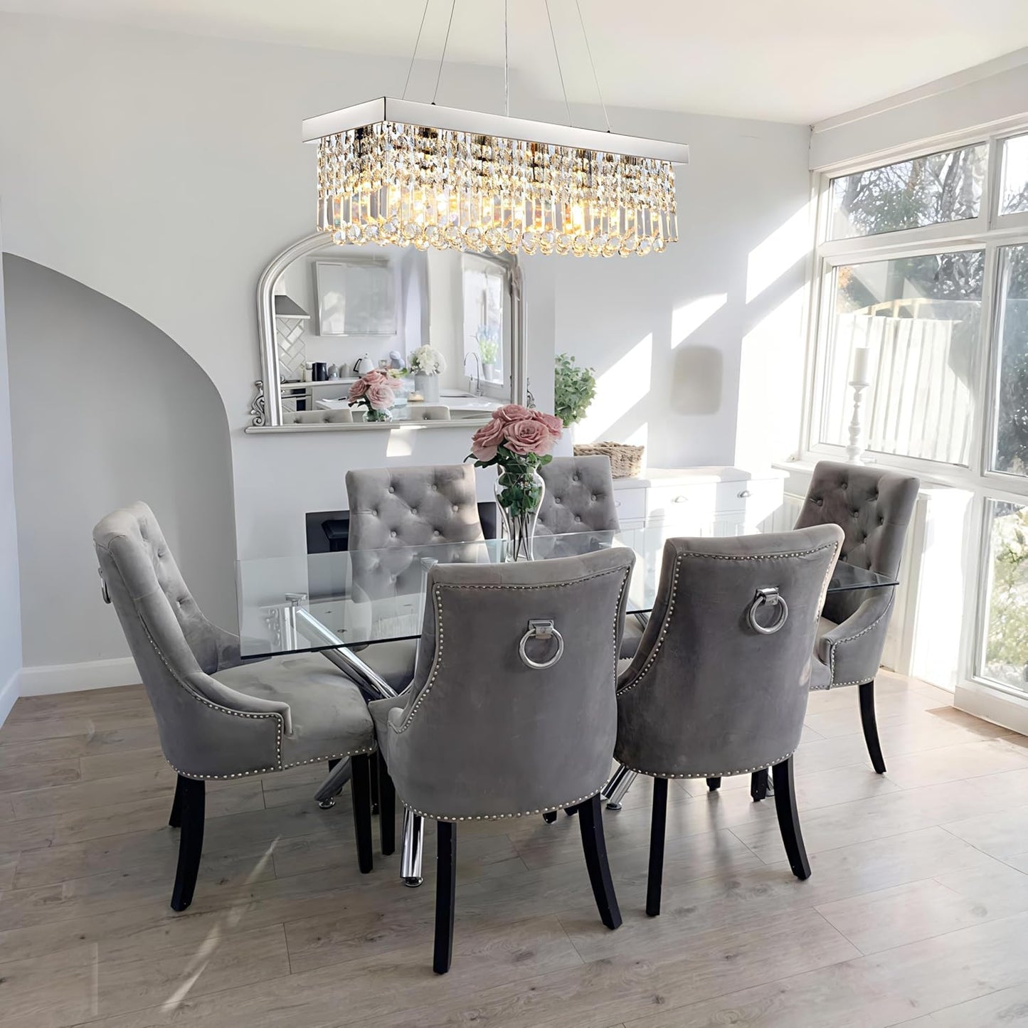 Modern Rectangular Crystal Chandeliers,8 Lights Rectangular Pendant Light Fixture,Adjustable Height K9 Crystal Chandelier for Dining Room L40''xW10''xH10''