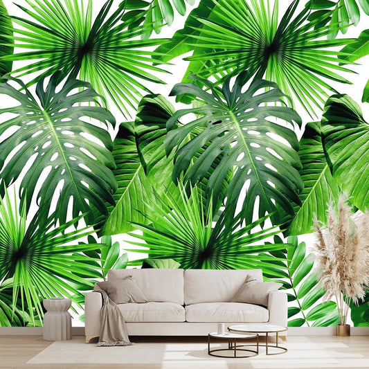 Tropical Green Botanical Leaf Wallpaper Bedroom Plant Mural Room Decor Living Room tv Background Large Wall Mural - 91"x65" (Not Peel and Stick)