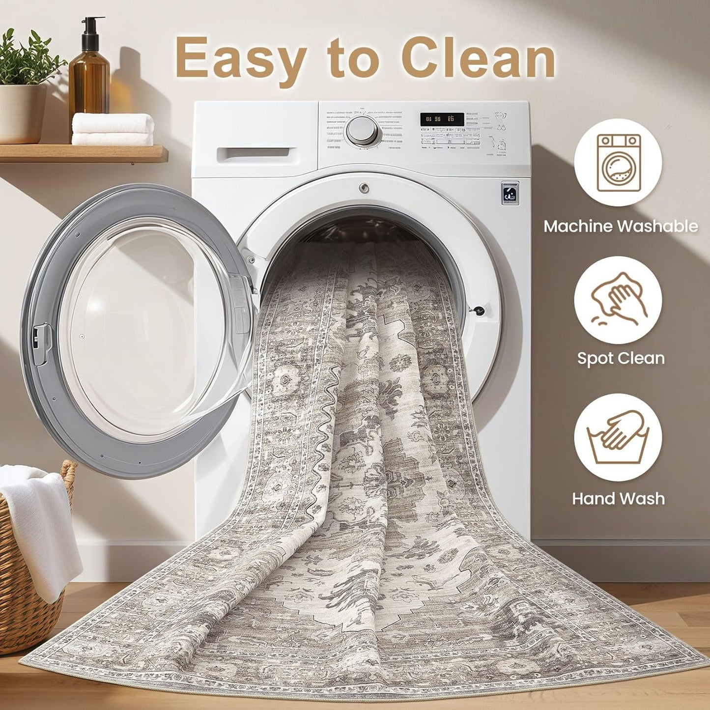 Washable Area Rugs for Living Room -8x11 Neutral Vintage Distressed Floral Farmhouse Boho Large Soft Floor Rug Indoor Non Slip Carpet for Living Room Bedroom Dining Room Office-Brown/Beige