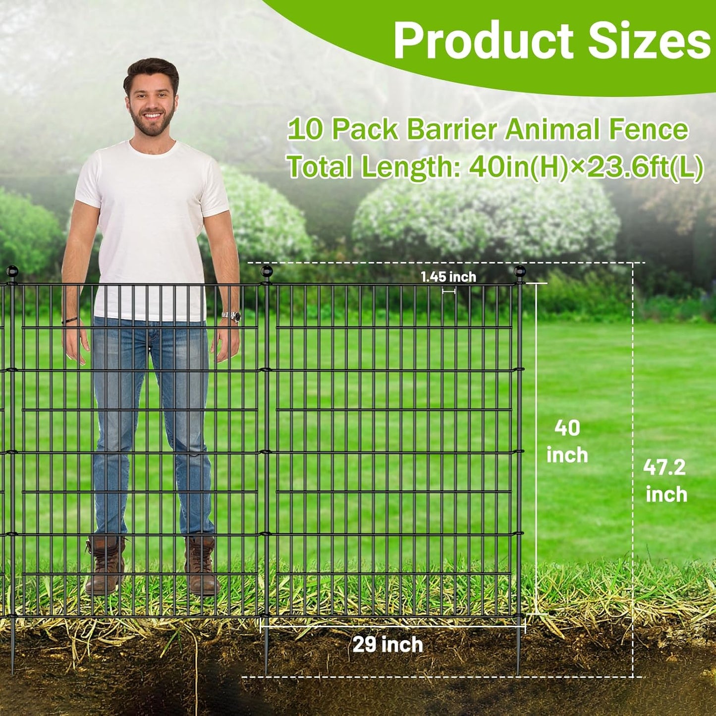 10 Panels No Dig Decorative Outdoor Garden Fence with Gate for Yard, 40 in(H) X 23.6 ft(L) Animal Barrier Fencing Rustproof Metal Wire Panel Border for Dog, Rabbits, and Patio Temporary Ground Stakes