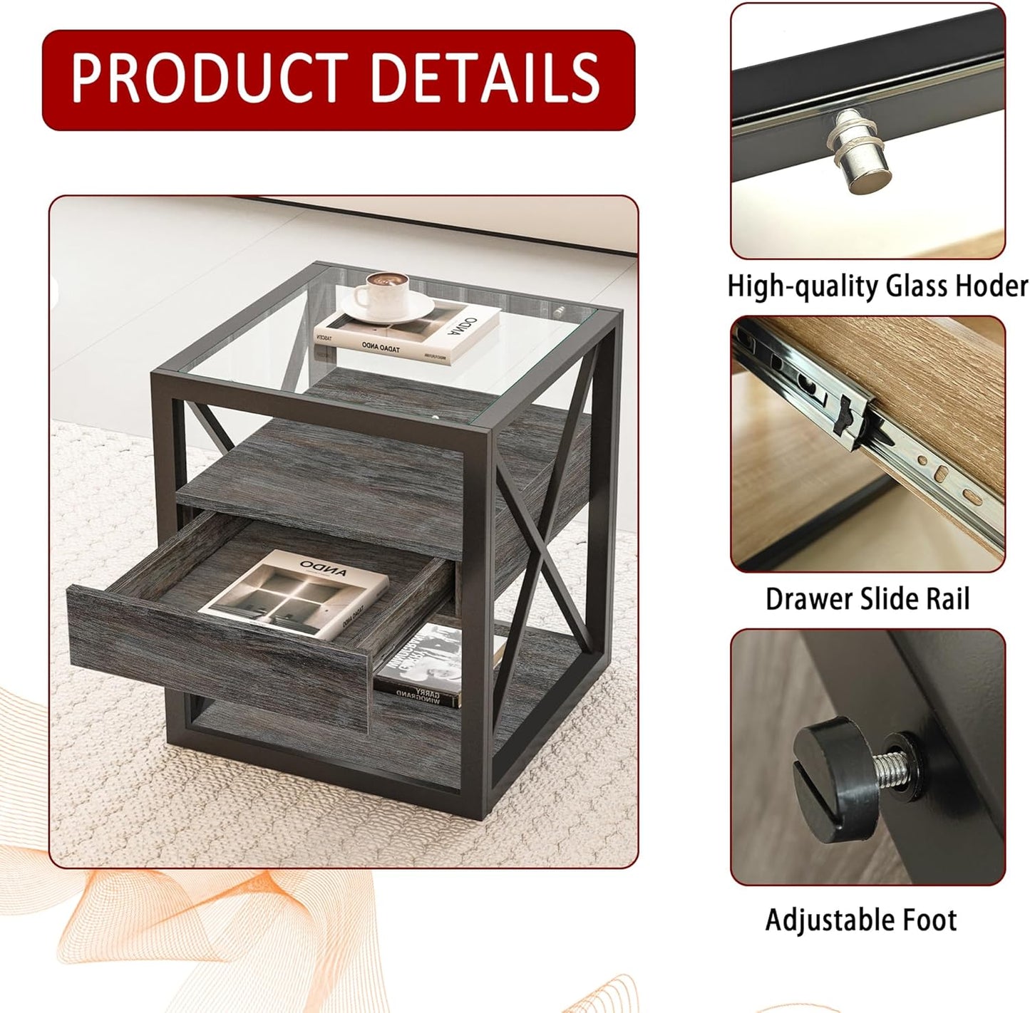 Farmhouse End Table Set of 2, Modern Side Table with Drawer&3-Tier Storage Shelf, Square Rustic Nightstand, Accent Tea Table, for Bedroom Office Living Room, Grey, Natural Wood, Glass, Metal