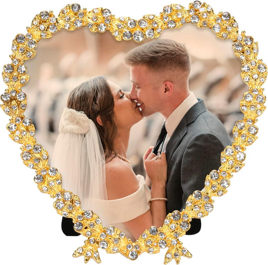 Heart Shaped Wedding Picture Frames for Couple - Beaded Crystal 4x4 Picture Frame – Engagement Gift, Wedding Gift for newlyweds - Fits 3.5x3.5 photo - Valentine Picture Frame (Golden)