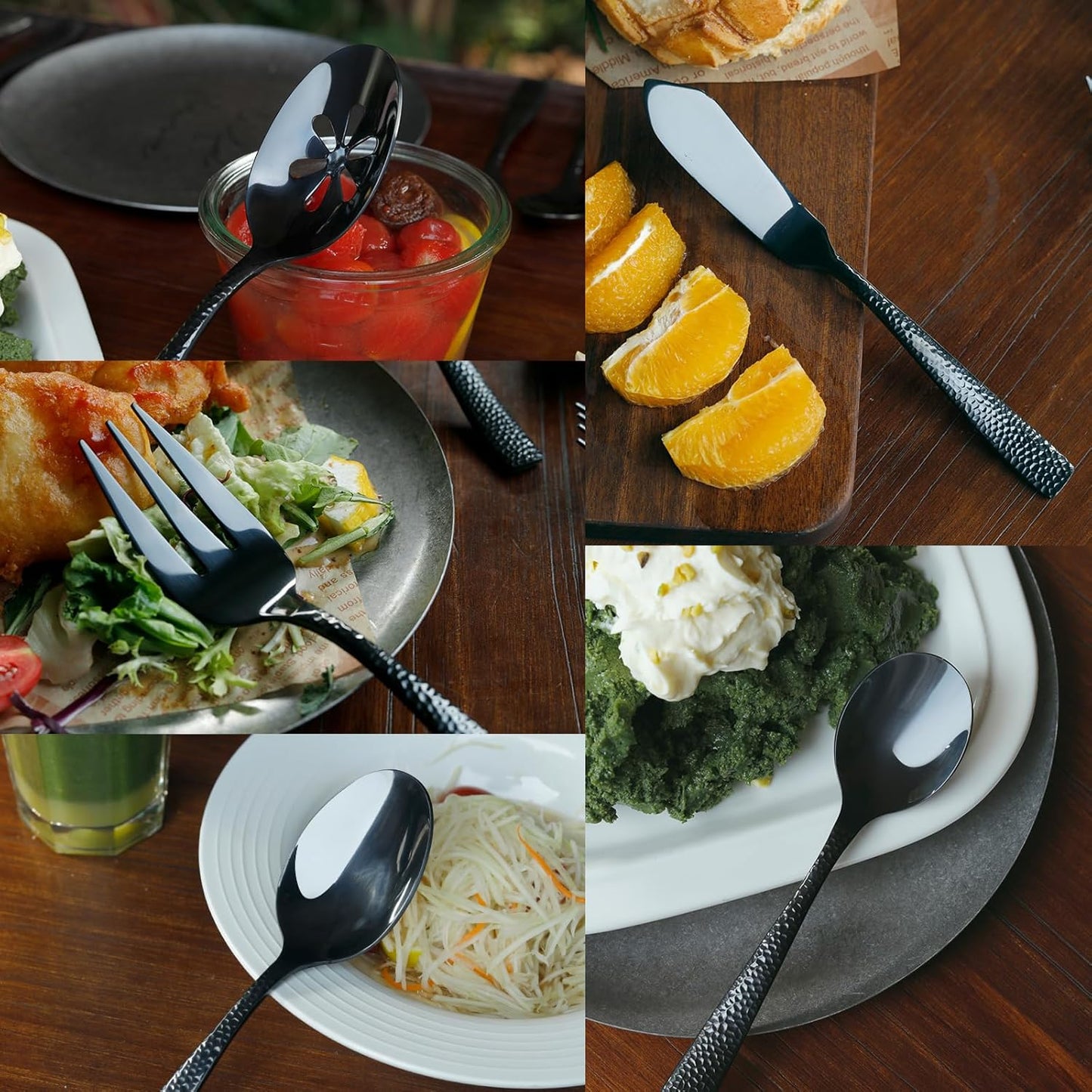 Silverware 45-Piece Black Hammered Flatware Set with Serving Utensils Stainless Steel Thick Handle Mirror Polished Cutlery Set for Wedding Hotel Restaurant, Service for 8