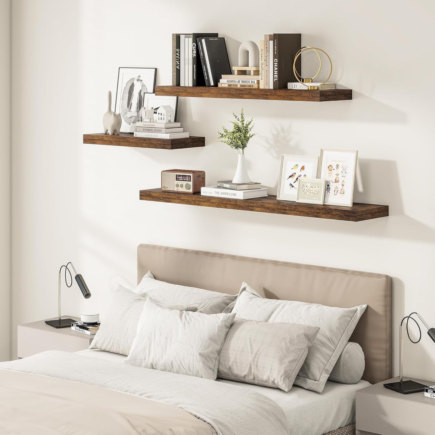 12" Deep Floating Shelves for Wall 24 Inches Long, Heavy Duty Wall Shelves for Bedroom Bathroom Kitchen Laundry Room, Farmhouse Rustic Shelves for Home Decor, 24" X 12" X 2" Set Of 2, Rustic Brown