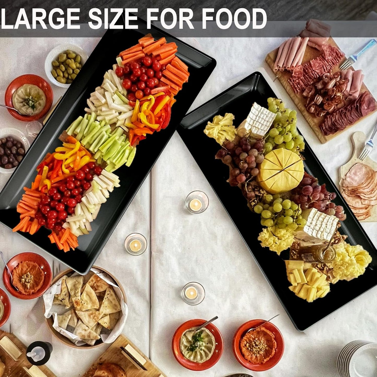 Long Melemine Serving Tray, 17.3x8x1.5 in Serving Platters and Trays for Appetizer, Charcuterie, Bread, Fruit, Dessert, Set of 2, Black
