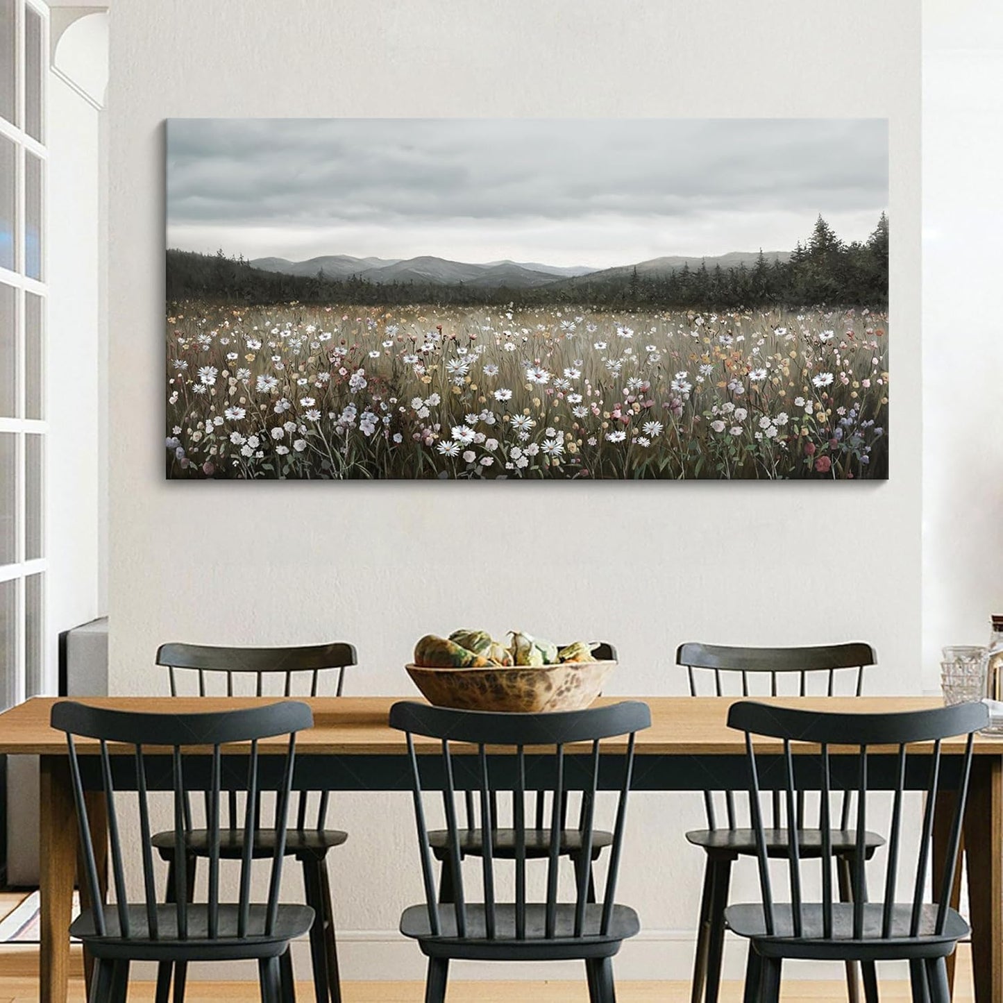 HGUAOA Vintage Landscape Wall Art for Bedroom and Living Room - Large Floral Artworks Farmhouse Wall Decor - Framed Neutral Nature Pictures - Above Bed Decor with Mountain Scenery 24×48IN