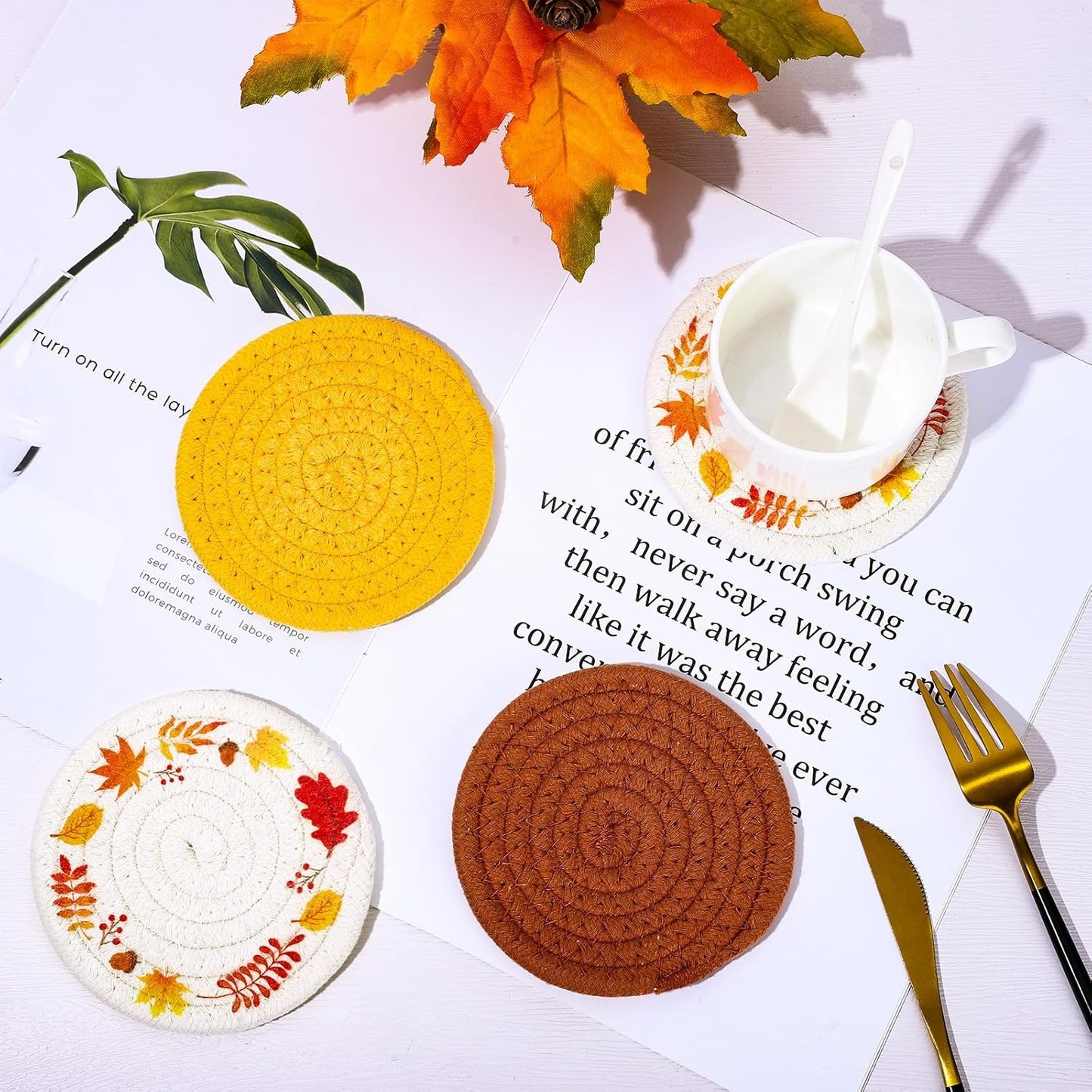 Whaline Fall Coasters Maple Leaves Handmade Braided Cotton Drink Coasters Orange Yellow Non-Slip Absorbent Cup Mats for Autumn Thanksgiving Table Protection Birthday Housewarming Gift Home Decor, 4Pcs