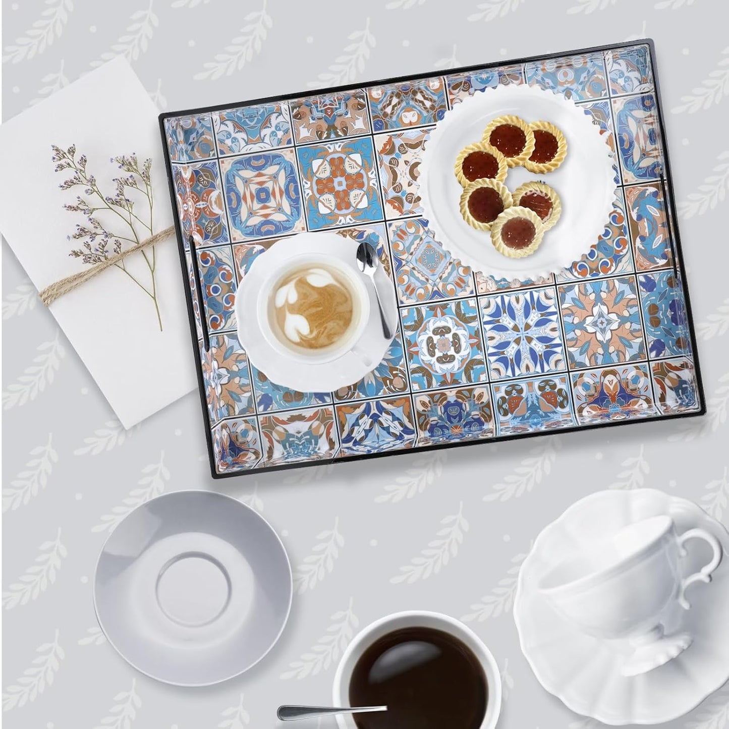 Spsyrine Serving Tray with Handles, Plastic Decorative Tray for Coffee Table, Living Room, Home Decor,Boho
