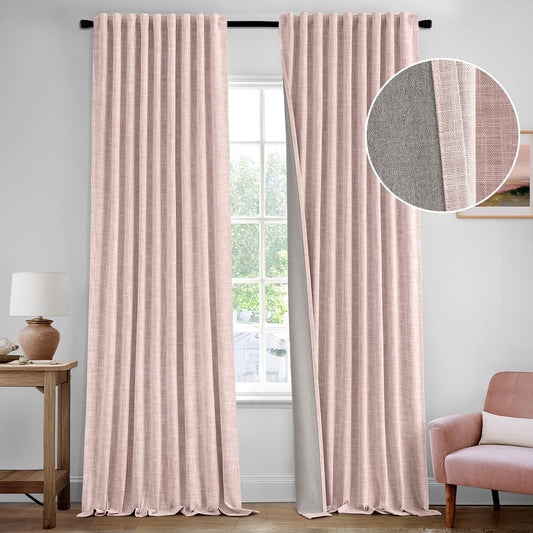 MIULEE Baby Pink 100% Blackout Linen Curtains 90 Inch 2 Panels Set Double Sided No Coating Pleated Back Tab Black Out Long Thermal Insulated Pinch Pleat Bedroom Living Room Darkening Window Drapes