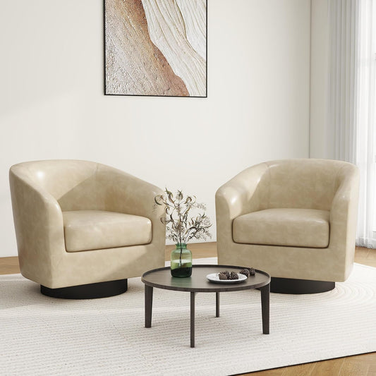Swivel Barrel Accent Chair, Modern Round Faux Leather Arm Chair for Living Room, Bedroom, Comfy Club Reading Chairs for Adults(Faux Leather, Cream, Set of 2)
