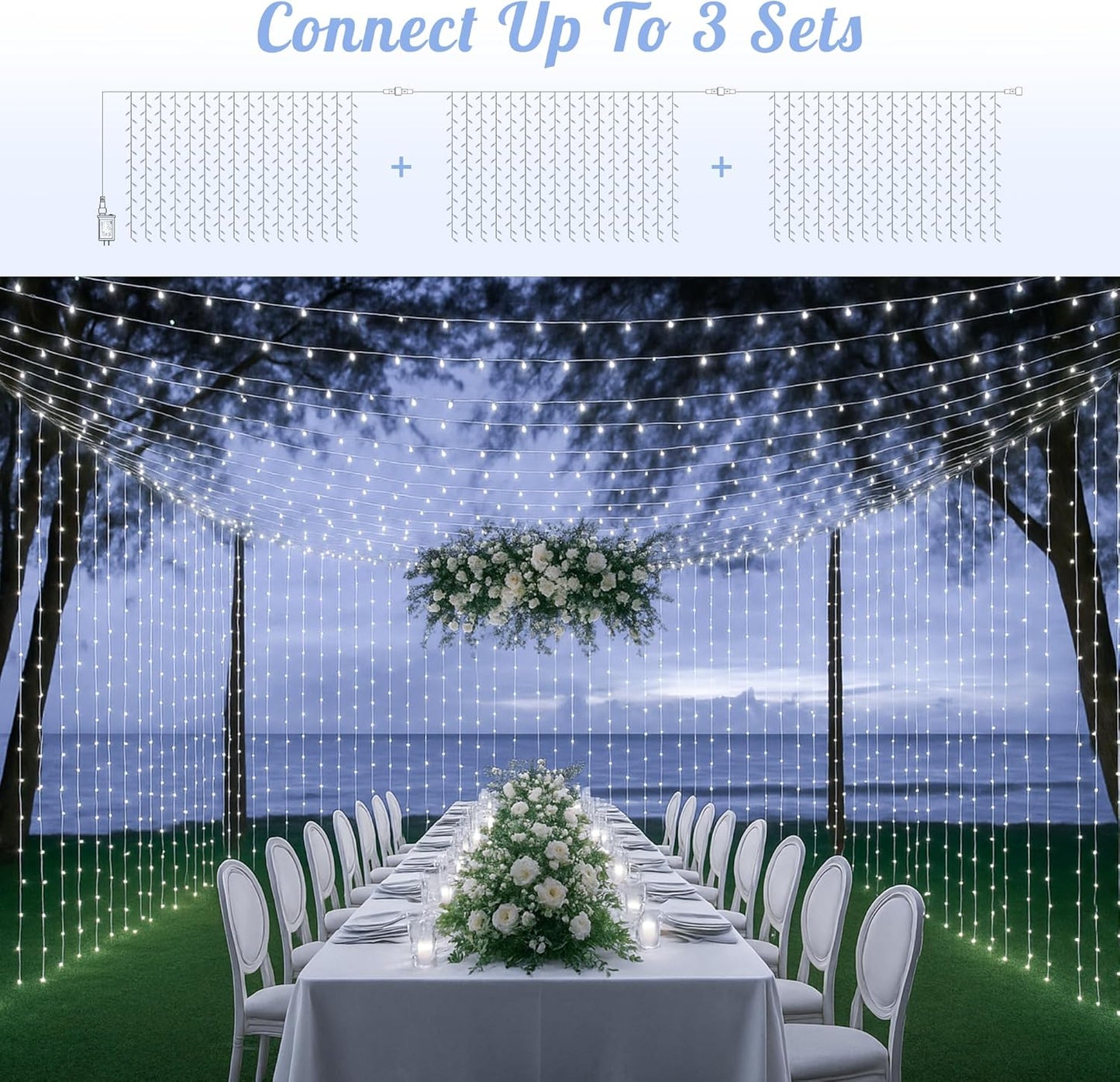 HEYFUNi 304 LED Curtain Lights Outdoor, 9.8Ft*9.8Ft Hanging String Lights Plug in with 8 Modes, Connectable Curtain Fairy Lights for Bedroom, Dorm, Christmas, Wall, Backdrop, Wedding Decor, White