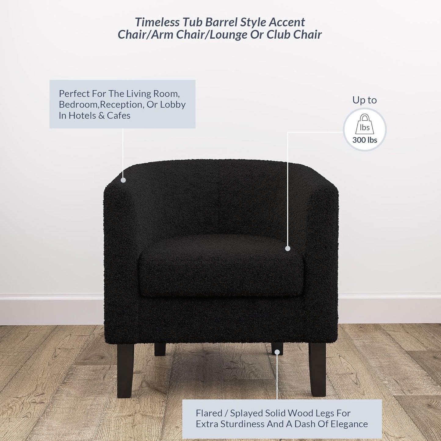 BELLEZE Living Room Chair, Teddy Polyester Accent Barrel Chair, Club Tub Sofa Chair for Bedroom, Corner Chair with Flared Legs and Cozy Soft Padding - Highland (Teddy Black)