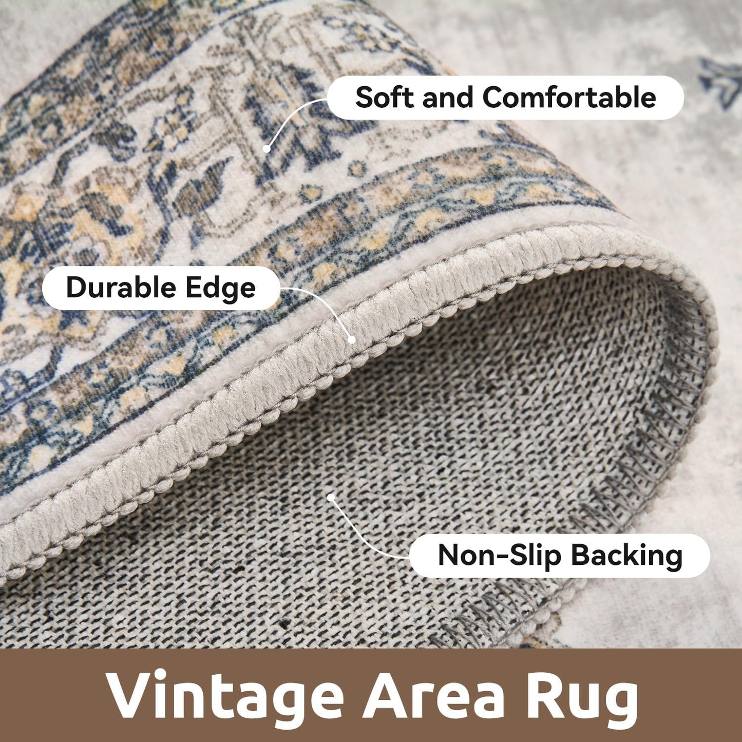 AMOAMI-Vintage Area Rug 3x5 Grey Rugs for Living Room-Soft Washable Rug Non Slip Entryway Rug Indoor Vintage Throw Accent for Bedroom Laundry Room Dining Bathroom Bedside