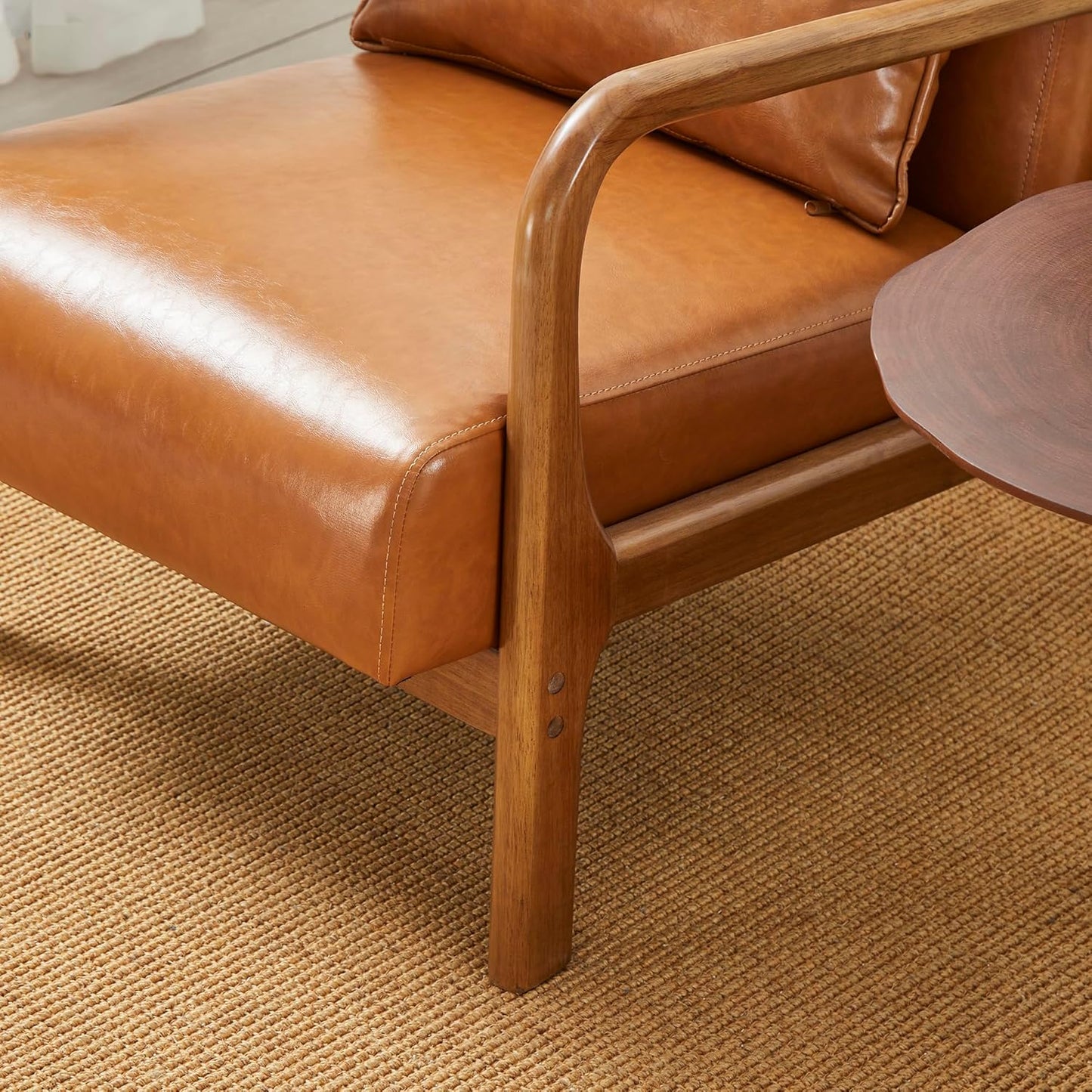 Glitzhome 2 Set Mid Century Yellowish Brown Accent Armchair, Single Reading Armchair PU Leather Lounge Chair with Walnut Ruberwood Frame