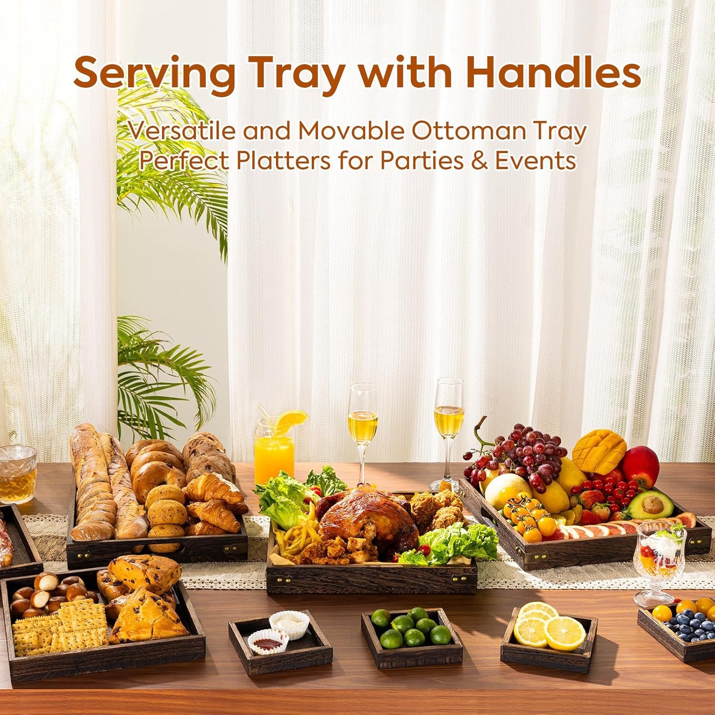 Yangbaga Serving Tray with Handles,12.5"*12.5"Wood Decorative Tray for Living Room,Modern Coffee Table Tray,Square Large Serving Platters for Home Decor,Ottoman,Bed,Kitchen,Bathroom, Breakfast,Bar