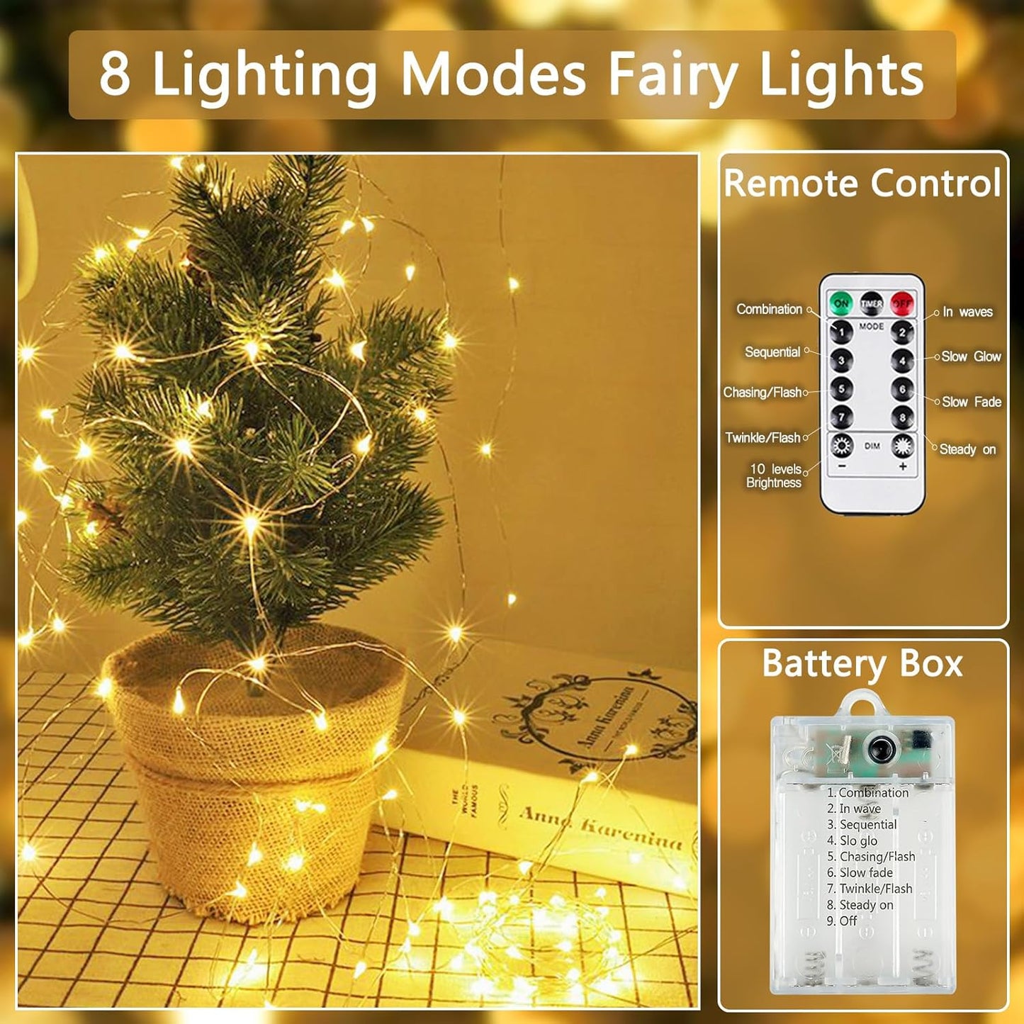2 Pack Fairy Lights Battery Operated with Remote Control Timer, LED String Lights Outdoor Indoor, 8 Mode Twinkle Lights for Christmas Party Wedding Birthday Bedroom Décor (Warm White)