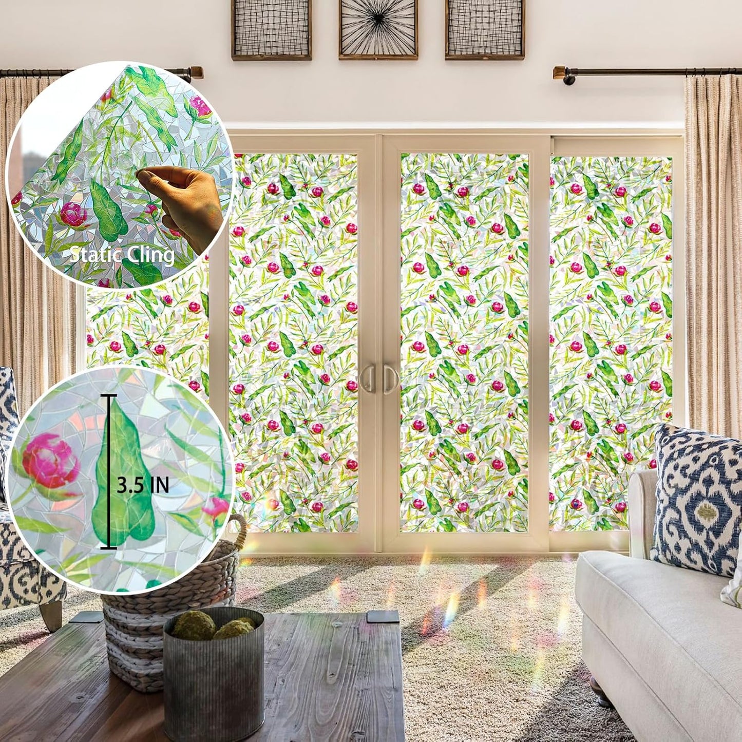 Rainbow Window Privacy Film 3D Floral Decorative Stained Glass Window Film Anti UV Non-Adhesive Reusable 23.6" x 78.7" for Home Room Car Glass Cling