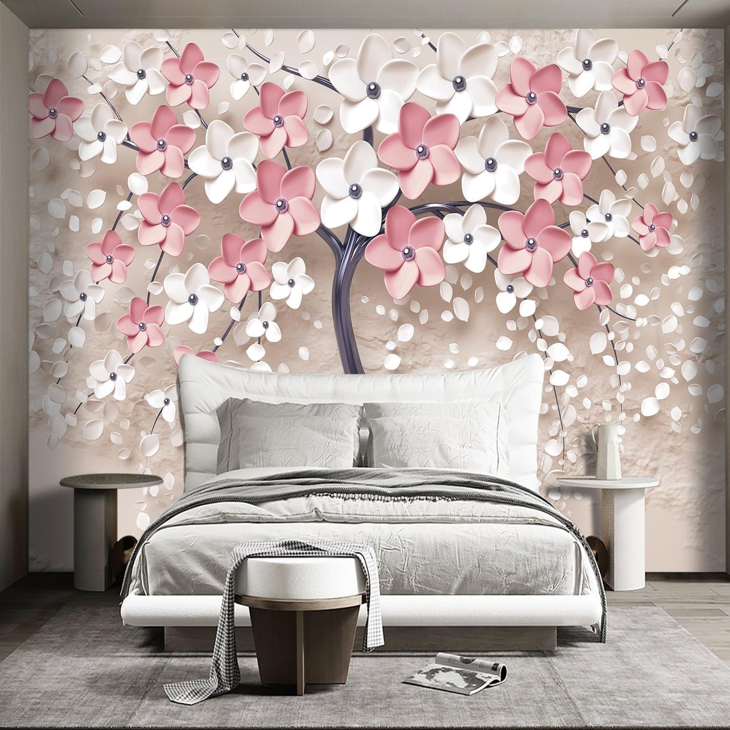 3D Relief Abstraction Pink Flowers Tree Mural Bedroom Floral Wallpaper Room Decor Living Room tv Background Large Wall Mural - 137"x96" (Not Peel and Stick)
