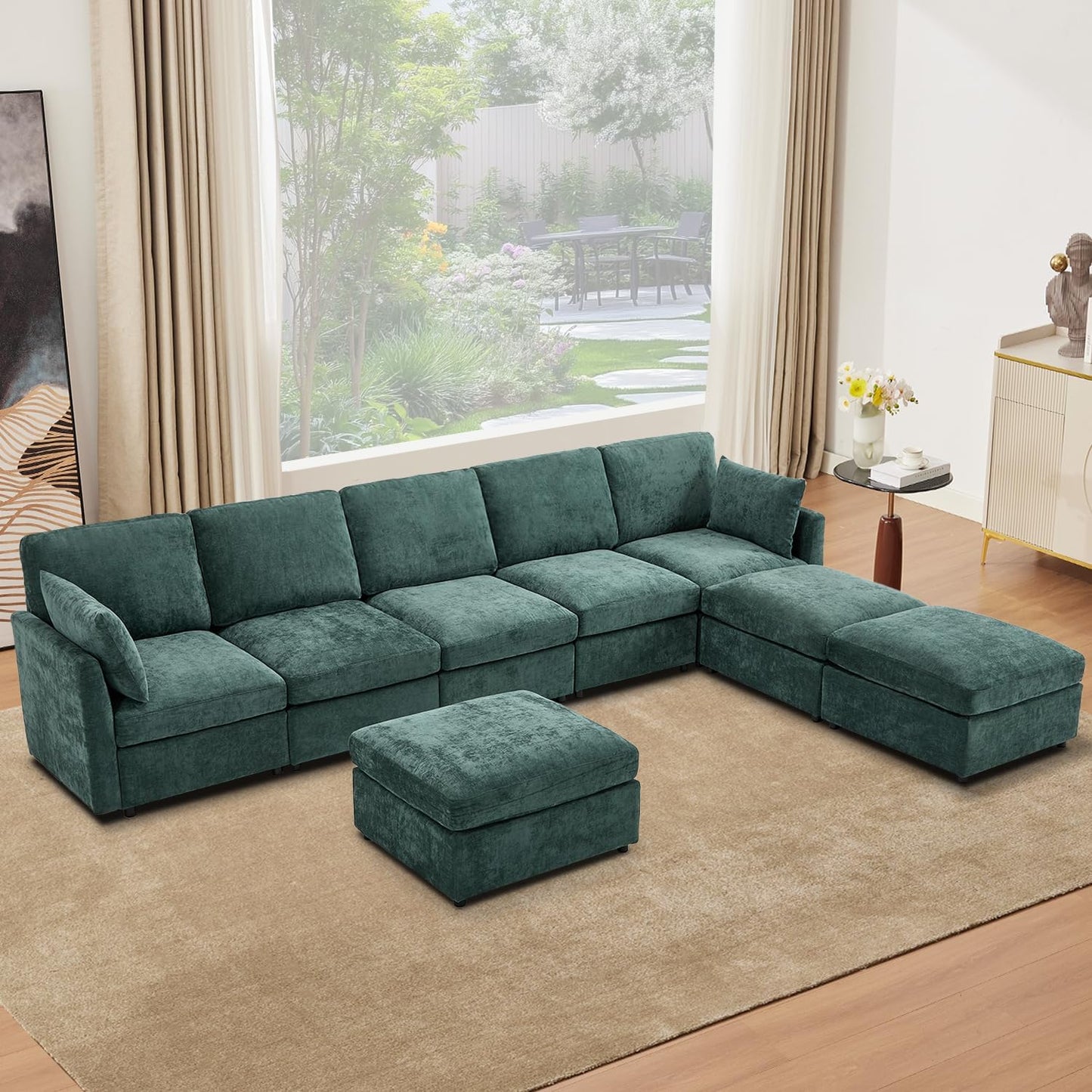 Tbfit L Shaped Couch 8 Seat, Sectional Sofa for Living Room,Chenille Cloud Couch with Ottoman, Green