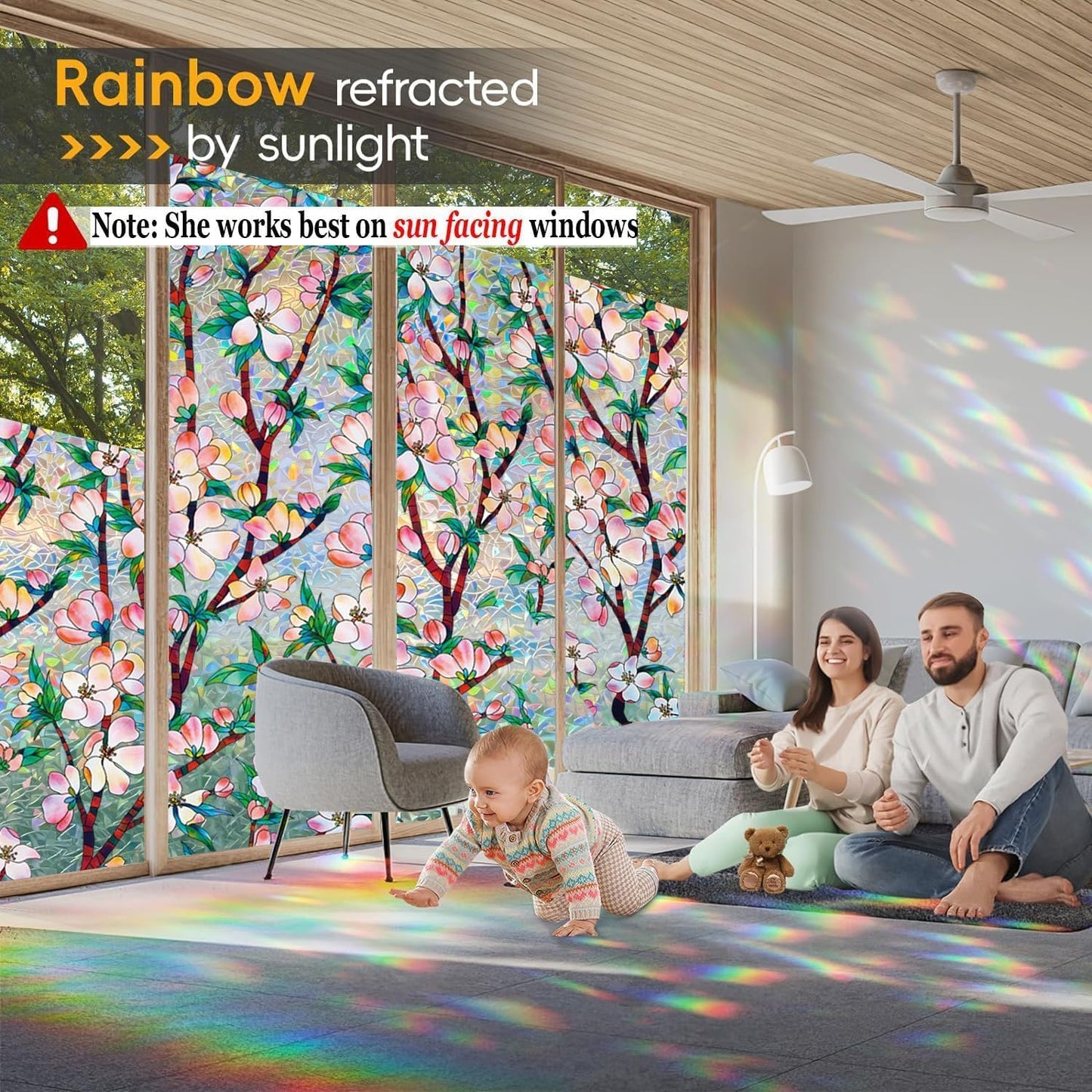 Rainbow Window Privacy Film Decorative, 3D Decals Stained Glass Clings, Static Cling Sticker, Suncatcher Windows Cover Tint for Home, 47.2 Inch x 157.4 Inch
