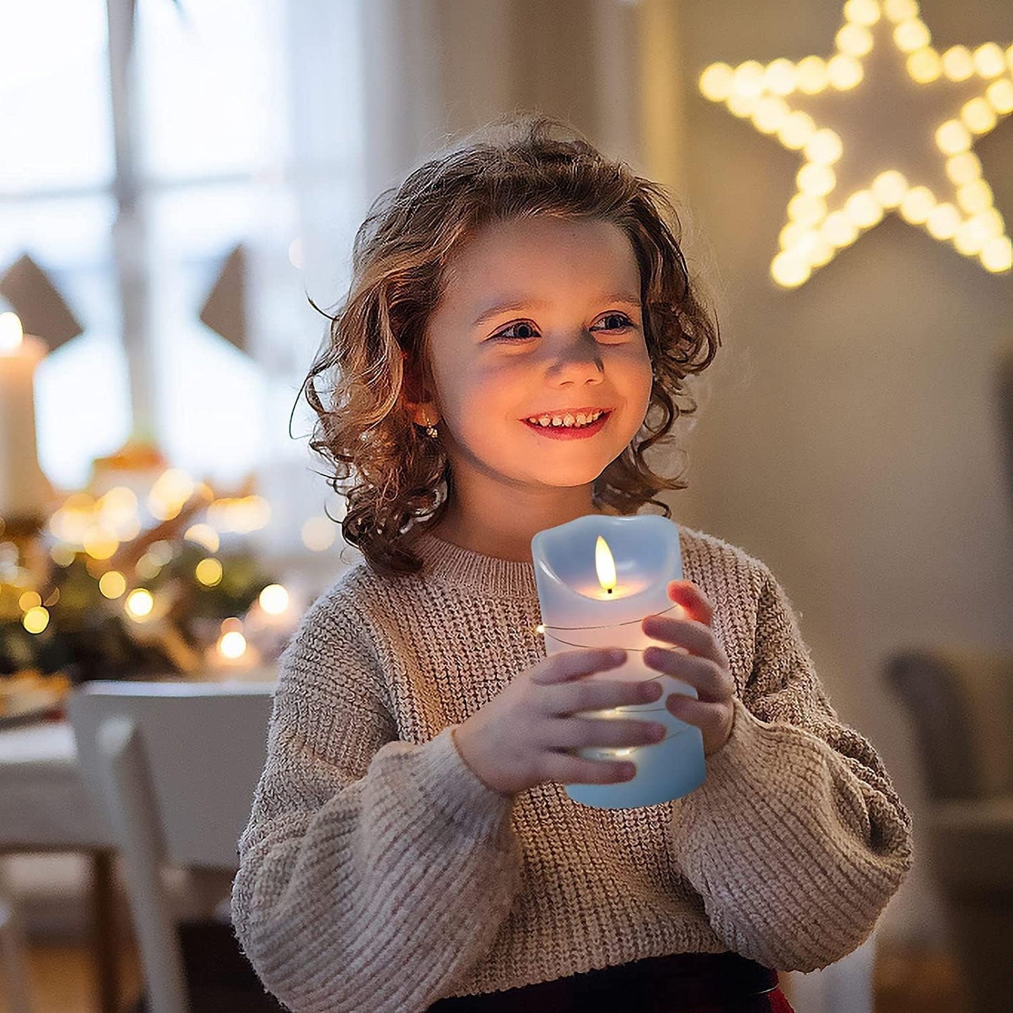 danip Sky Blue LED Flameless Candle, with Embedded Star String, 3-Piece Set of LED Candles, with 11 Button Remote Control, 24-Hour Timer Function, Dancing Flames, Real Wax, Battery Powered.