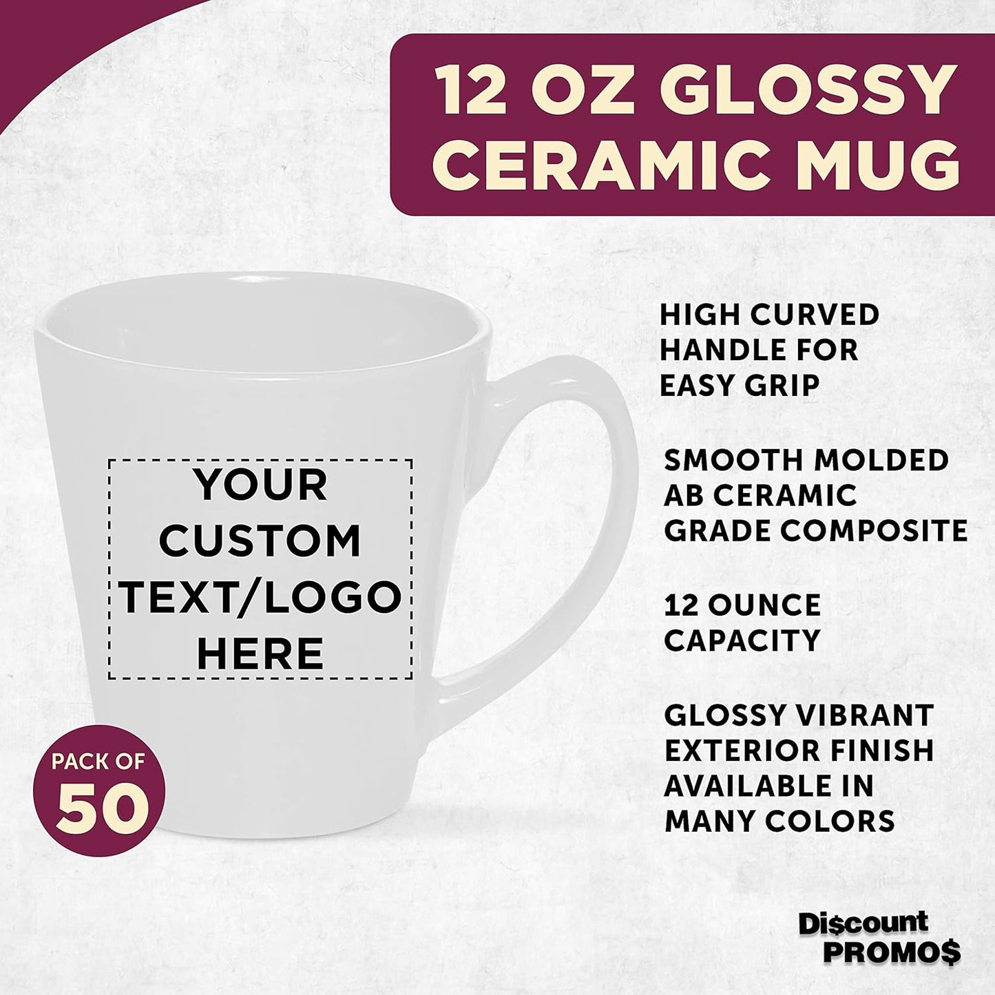DISCOUNT PROMOS Custom Glossy Ceramic Latte Coffee Mug 12 oz. Set of 50, Personalized Bulk Pack - Perfect for Tea, Espresso, Cappuccino, Hot Cocoa - White