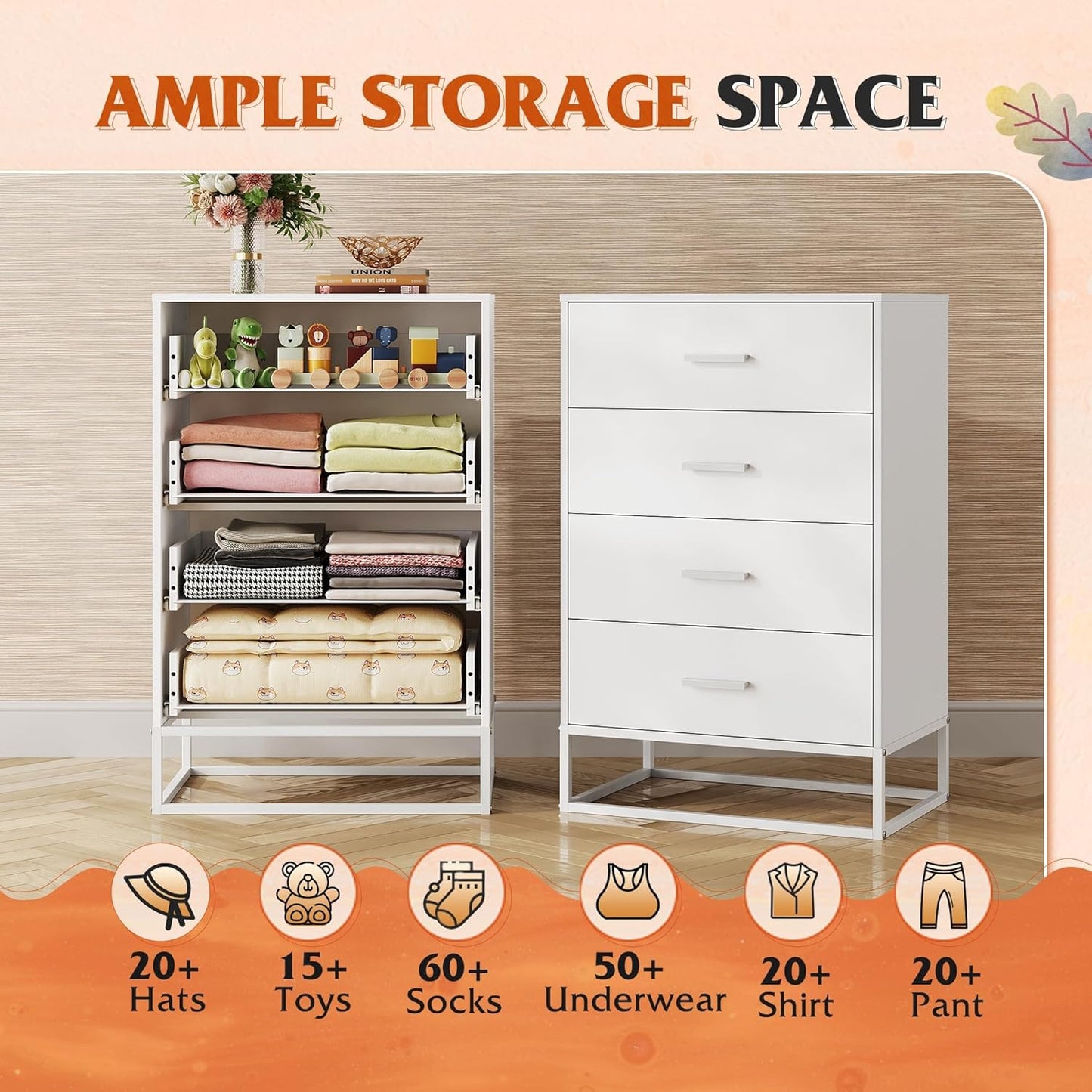 WLIVE White Wood Dresser for Bedroom with 4 Drawers, Tall Chest of Drawers with Sturdy Metal Frame for Living Room, Hallway, Closet