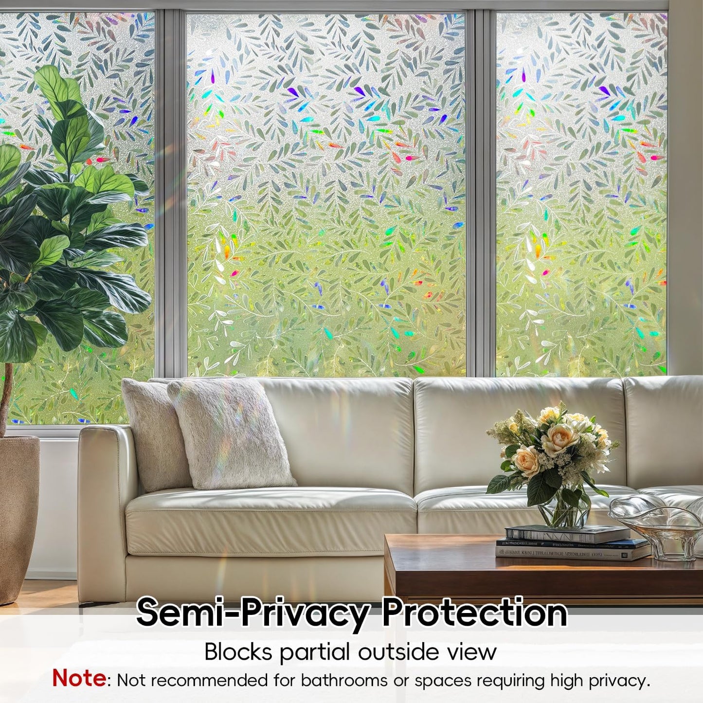 DUOFIRE Window Privacy Film Rainbow Window Film Decorative Leaves Pattern Window Cling Frosted Reusable Anti-UV Non-Adhesive Static Cling Privacy Film for Home Office 11.8 × 47.2 inches