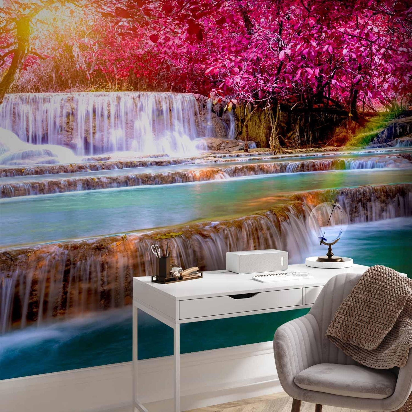 artgeist Premium Wall Mural Waterfall 216x98 in - Non-Woven Photo Wallpaper Art Print Fleece Wall Mural Decoration Poster Picture Design Nature Sun Pink Tree Forest c-B-0474-a-a