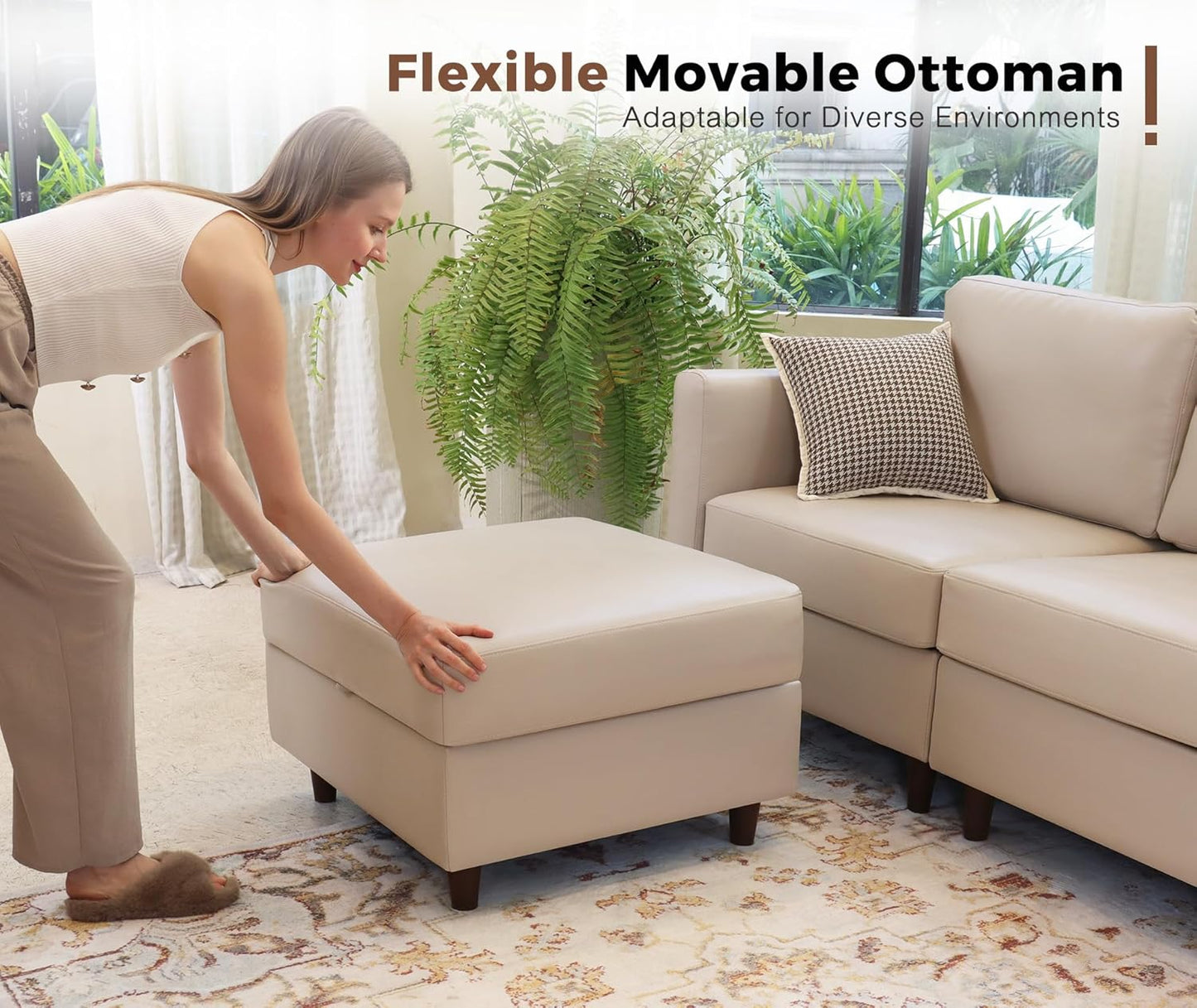 91.5" Faux Leather Modular Sectional Sofa, L Shaped Couch Set for Living Room, 3-Seater Comfy Cloud Couches with Movable Storage Ottoman,DIY Combination - Whitesand