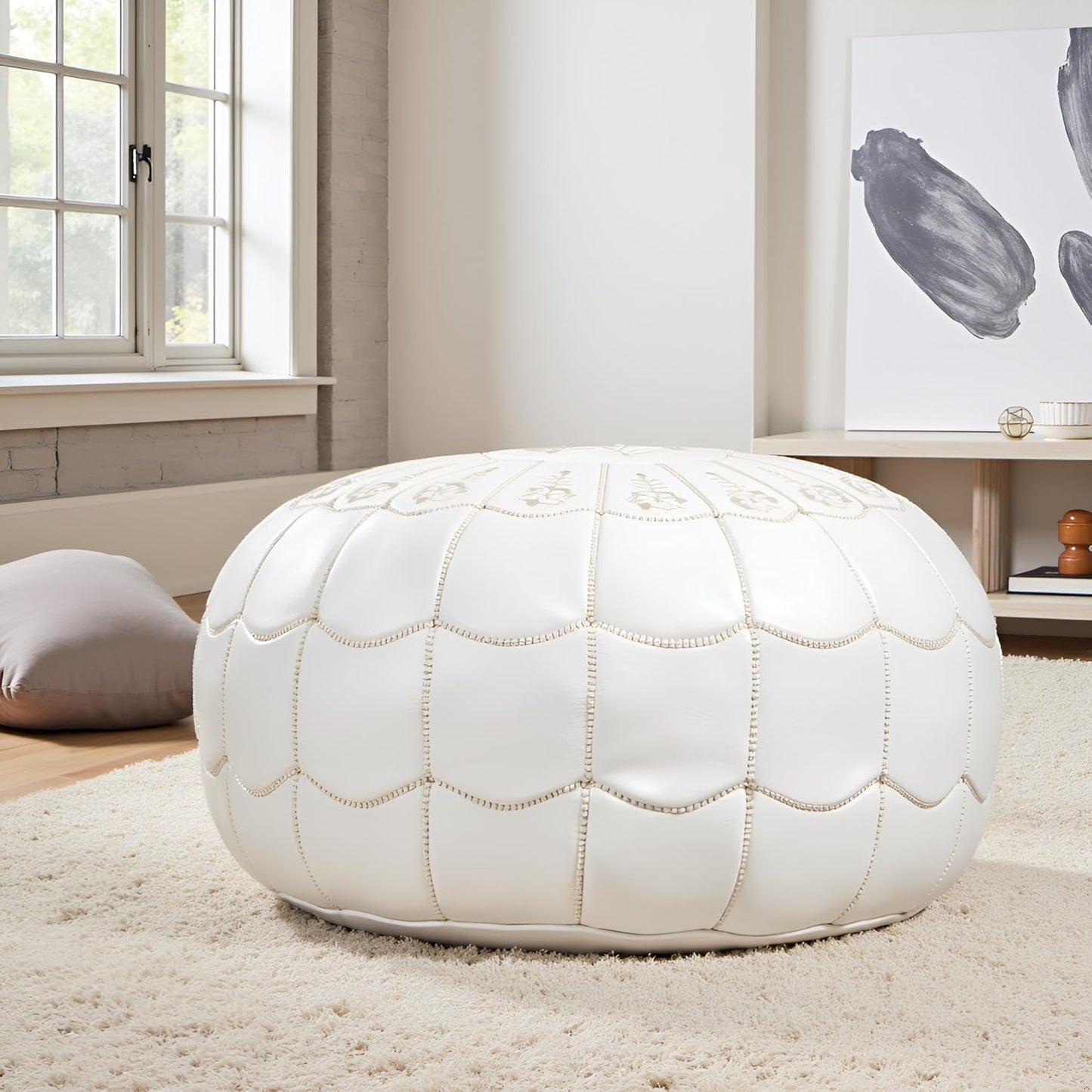 Stuffed Arch Design Moroccan Leather Pouf Ottoman, Handmade, Pre-Filled, 100% Genuine Leather, 14” Height x 22” Diameter – Boho Chic Footstool & Living Room Décor