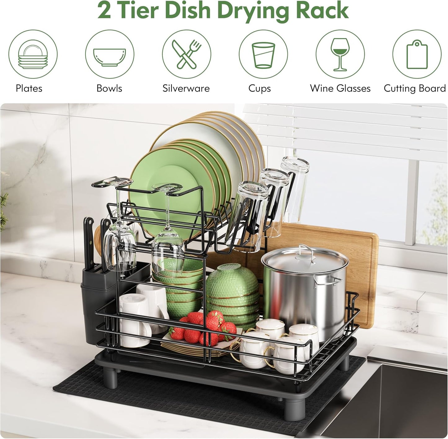 2 Tier Black Large Stainless Steel Dish Drainers Drying Rack for Kitchen Counter with Drainboard, Rust Proof Metal, Space Saving, Modern Aesthetic, Compact Plates Strainers with Extra Mat