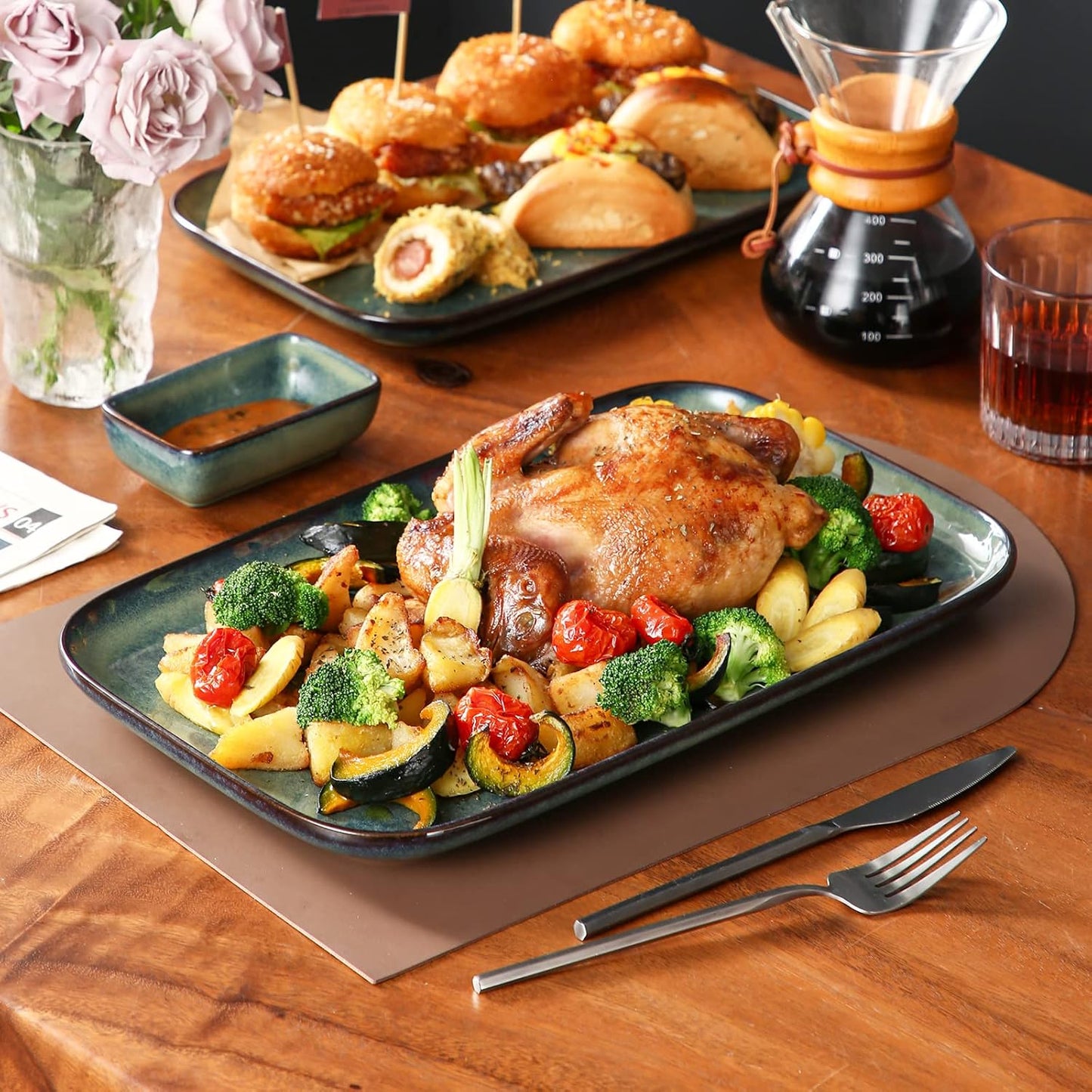 vancasso Stern Serving Platters Set of 3, 15/13/ 11 Inches Rectangular Serving Plates, Green Serving Trays for Entertaining, Party